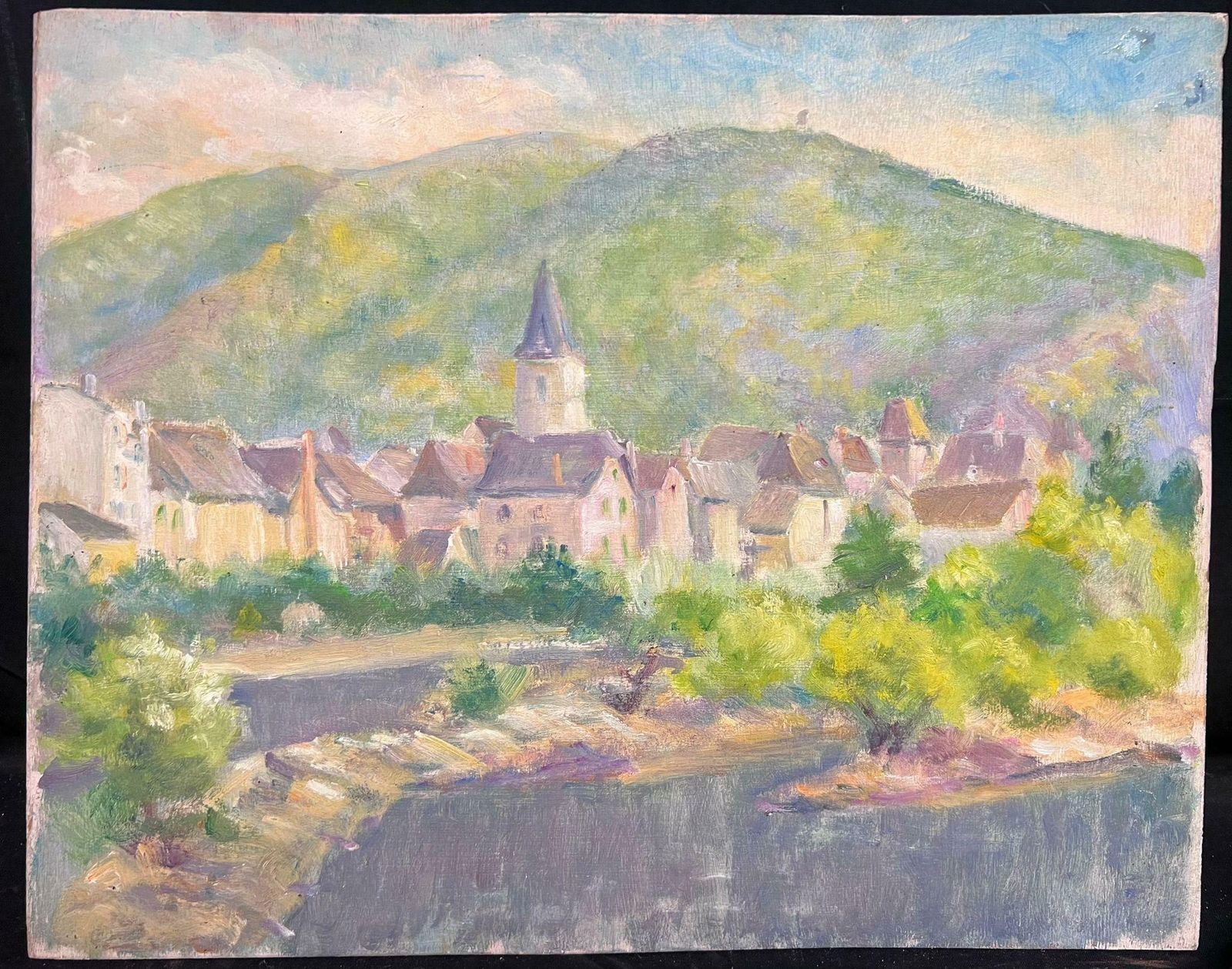 Regine Davidmid 20th Century Sunlit Village In  The Mountains French Post Impressionist Oil 1950's photo furniture