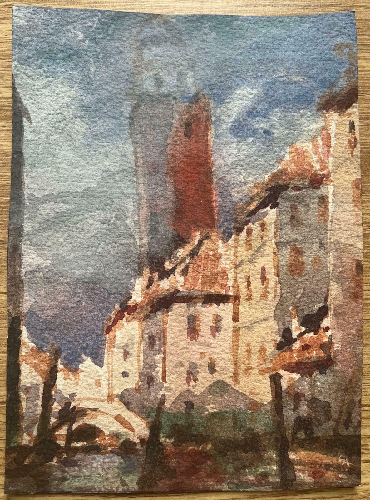 Maurice Mazeiliefrench Impressionist Watercolor Of Venetian Cityscape With Tower And Canal20th Century photo furniture