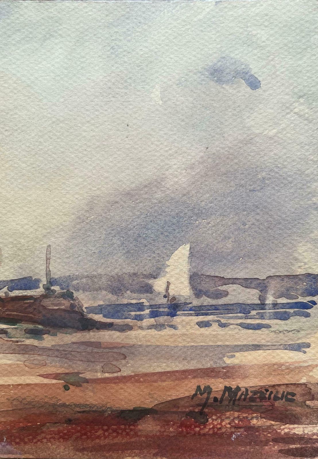 Maurice Mazeiliefrench Impressionist Watercolor Of Coastal Harbour Scene With Sailboat20th Century