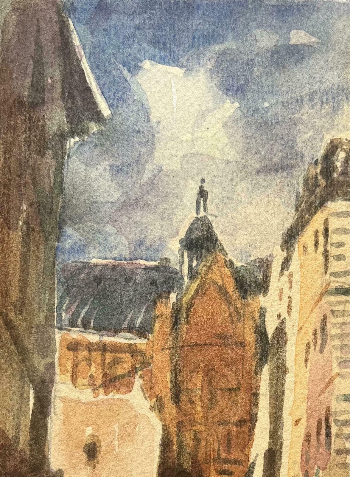 Maurice Mazeiliefrench Impressionist Watercolor Of Urban Street Scene With Bell Tower20th Century photo Art