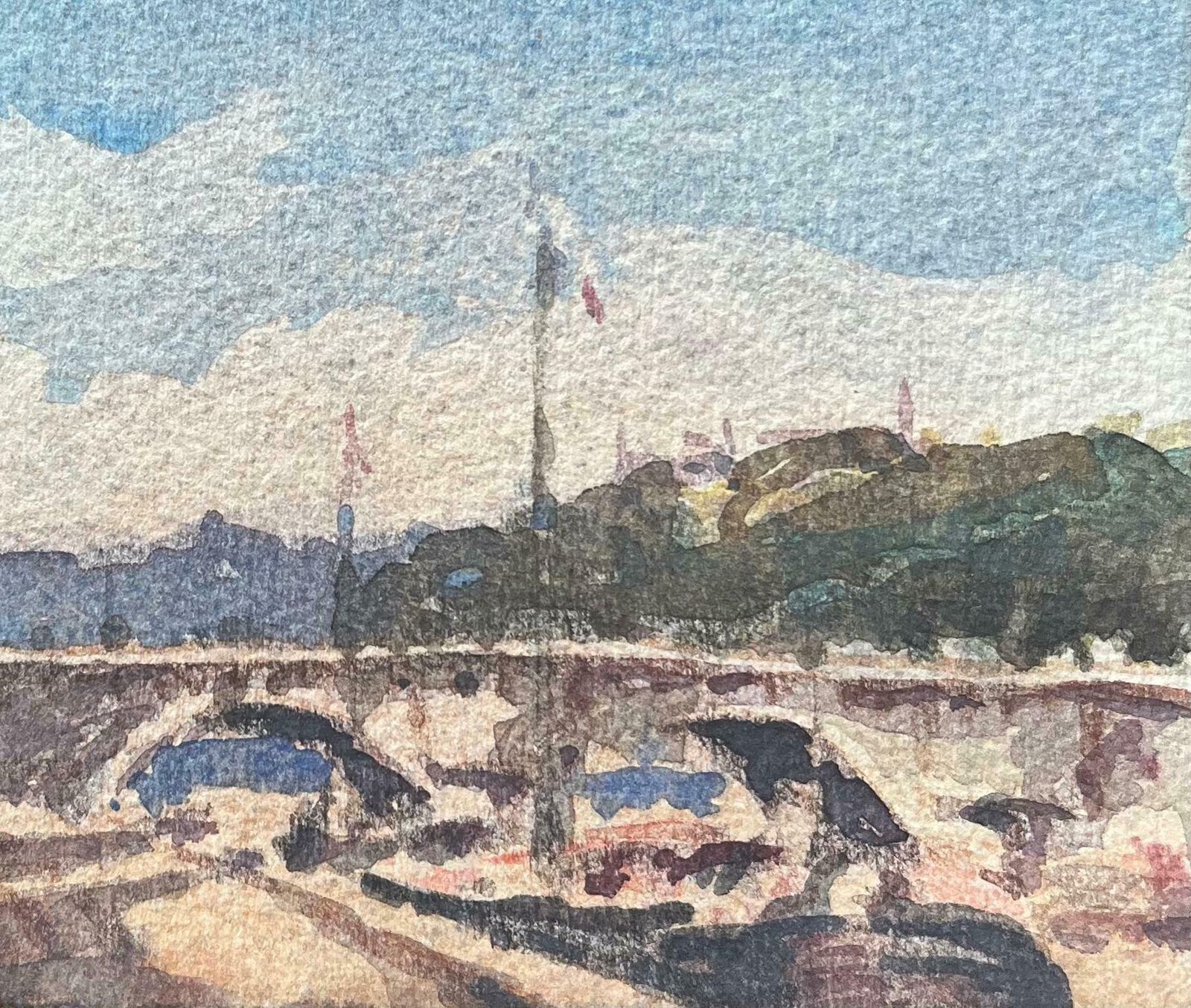 Maurice Mazeiliefrench Impressionist Watercolor Of Serene Moment Along The Seine River20th Century photo for sale