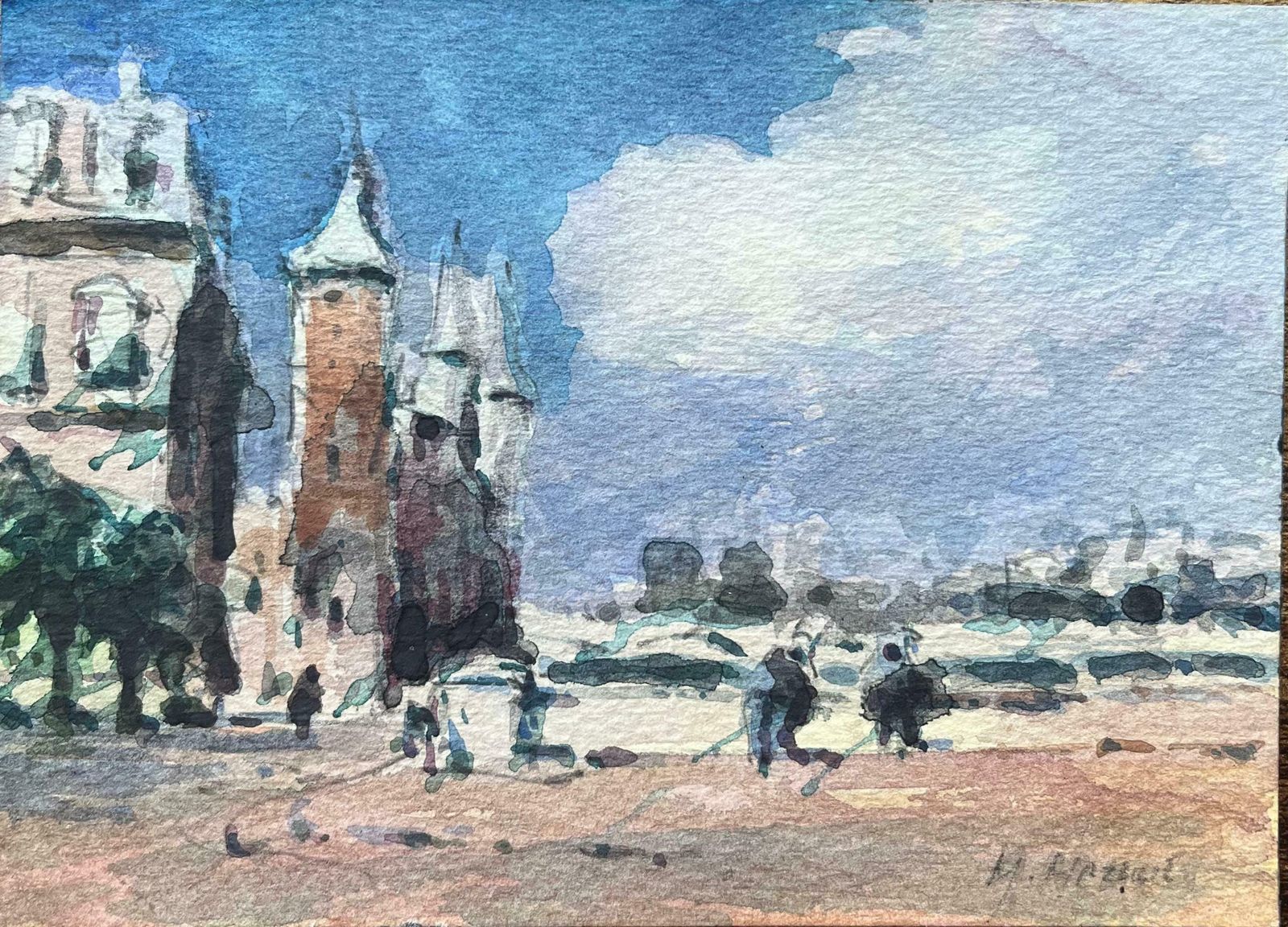 Maurice Mazeiliefrench Impressionist Watercolor Parisian Bridge And Towers With Pointed Spires20th Century