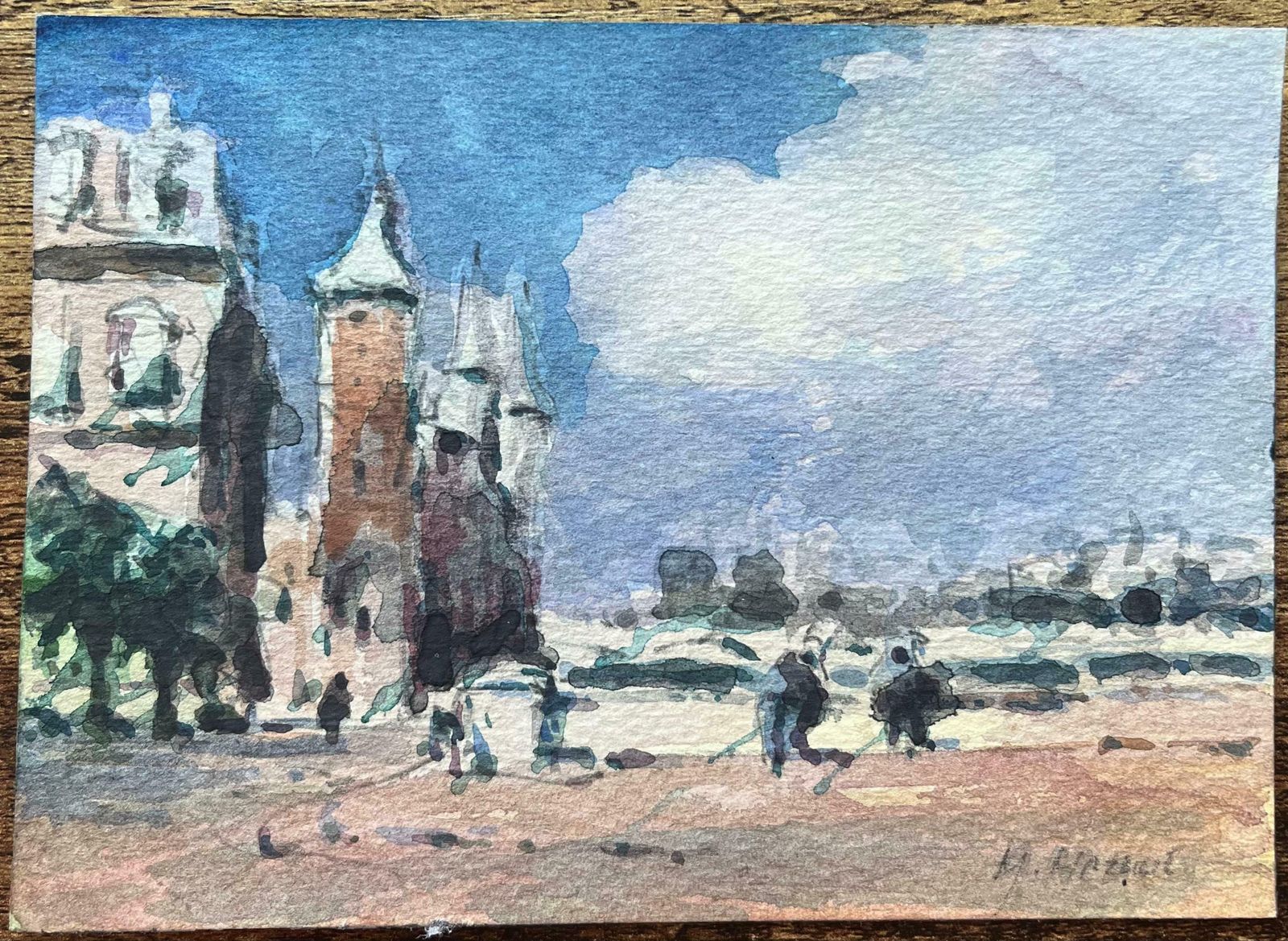 Maurice Mazeiliefrench Impressionist Watercolor Parisian Bridge And Towers With Pointed Spires20th Century photo furniture