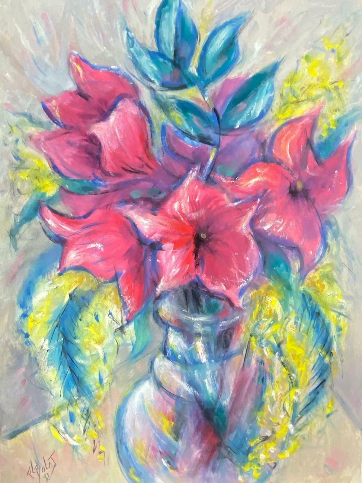 Paul Louis Bolot (French 1918 2003)French Modernist Painting Of Red Amaryllis Flowers In A Clear Vase 20th Century (1981) photo furniture