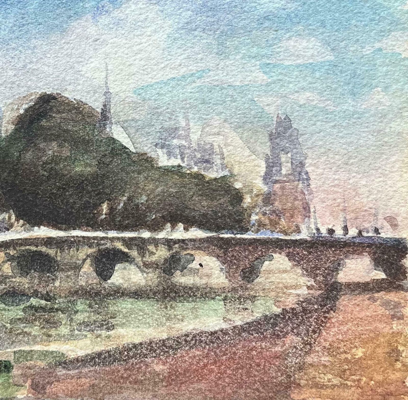 Maurice Mazeiliefrench Impressionist Watercolor Of View Of Parisian Riverbanks With Bridge20th Century photo Art