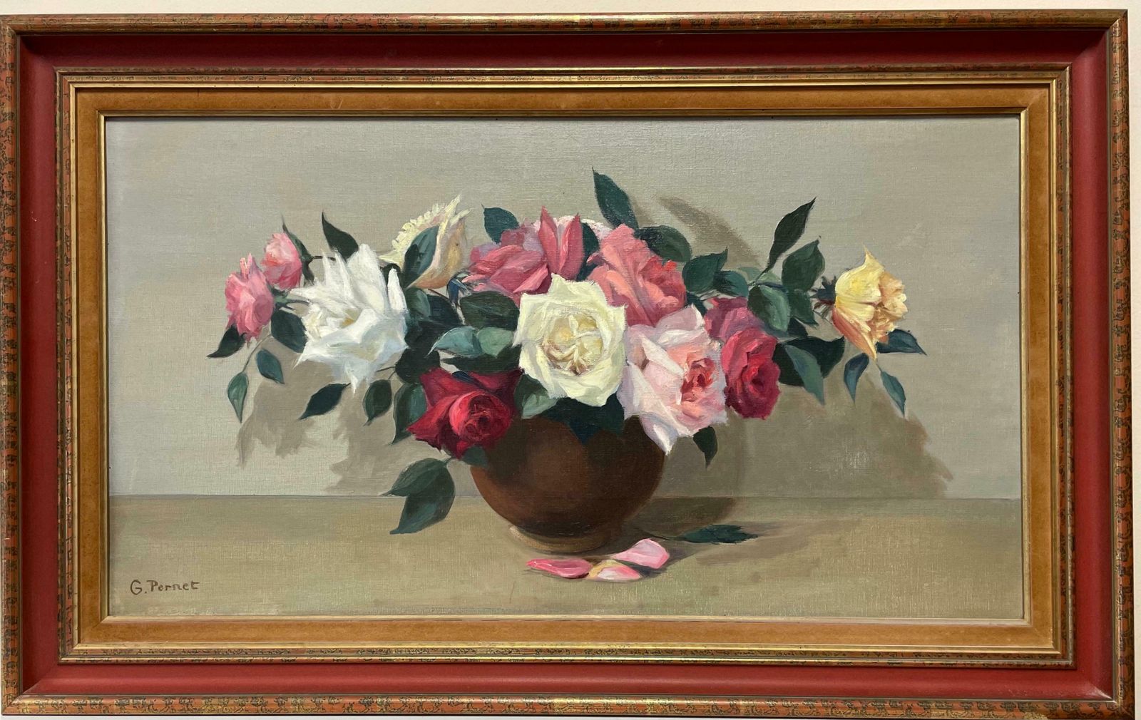 G. Pernetlarge 20th Century French Impressionist Signed Oil   Beautiful Roses In Bowlc. 1960's photo for sale