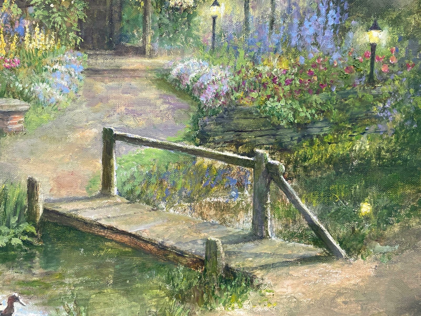 Norman Cokerlarge British Impressionist Oil Painting Country Cottage Flower Garden & Ducks photo 1224.0