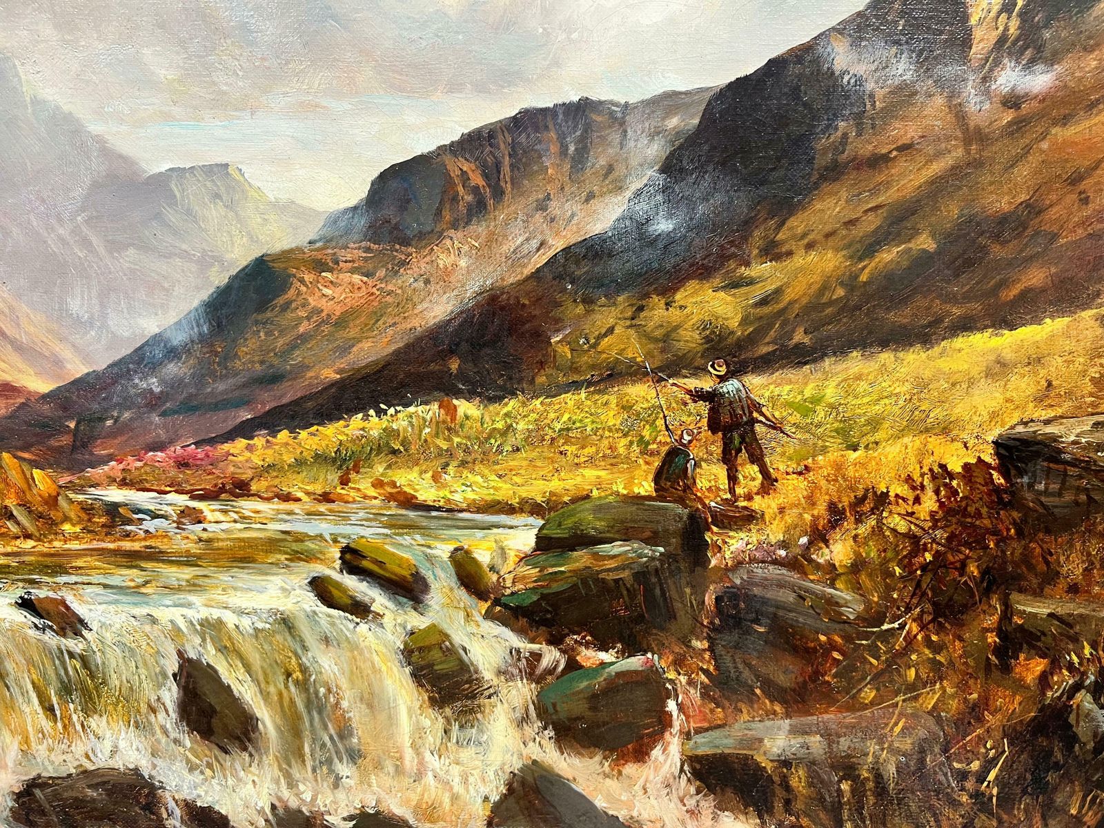 F. E. Jamiesonfine Antique Scottish Oil Painting Angler In Highland River Landscape, Signed photo for sale