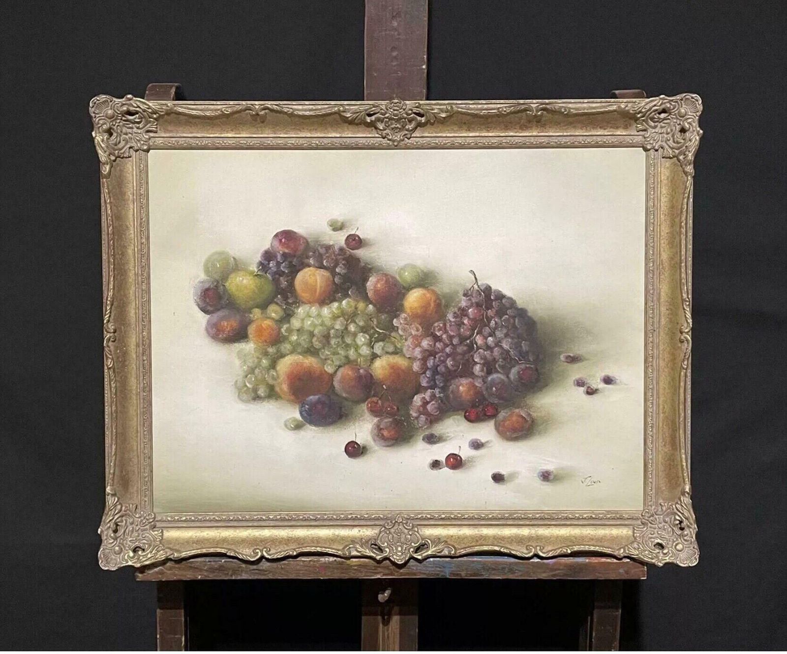 J. Lewinlarge Signed Oil Still Life Fruit   Opulent Display Grapes Peaches Cherriesc. 1980's photo for sale