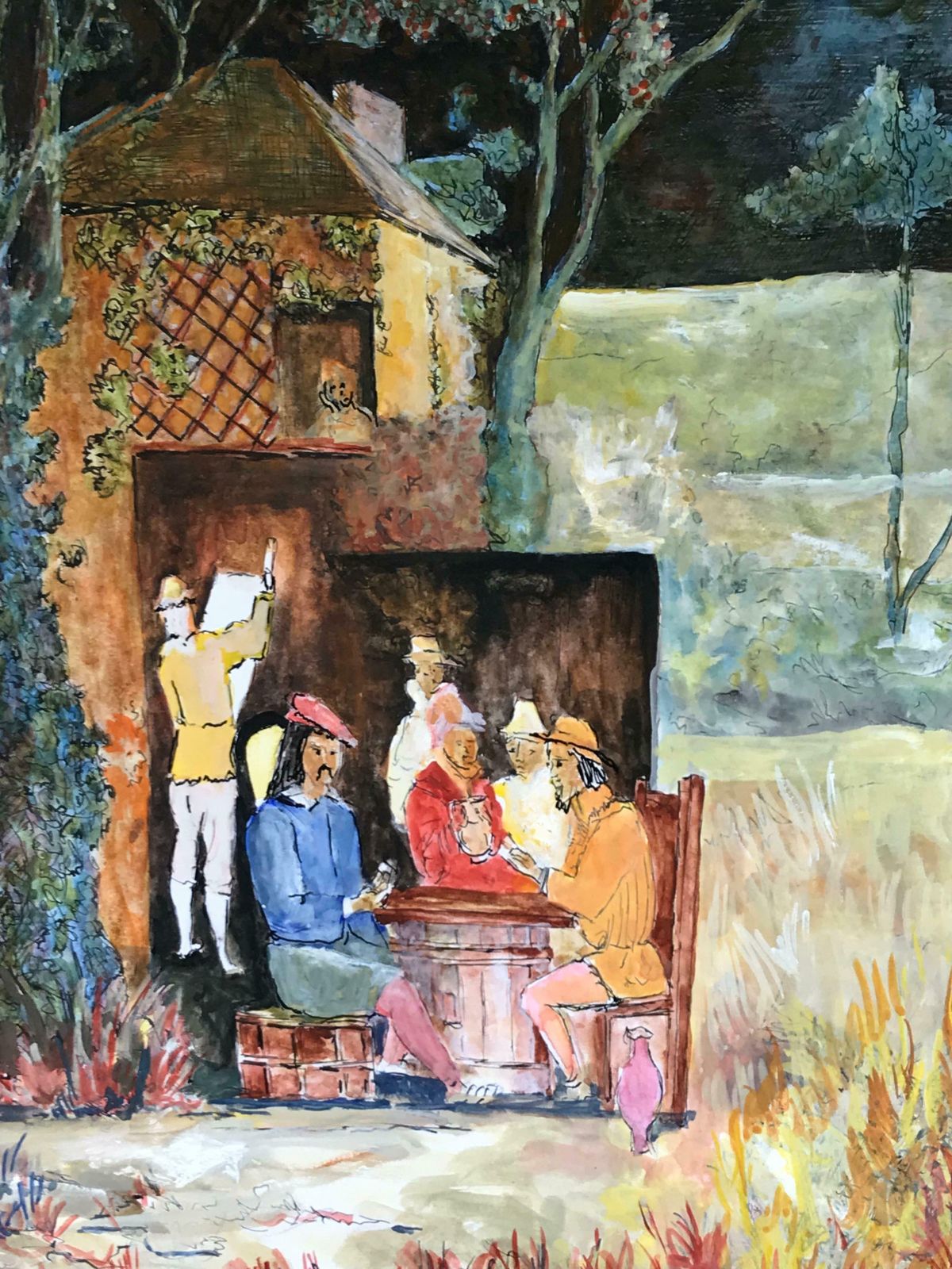 Bernard Labbe1950's Modernist/ Cubist Painting   Figures In The Forest Watercolour 1950's photo furniture