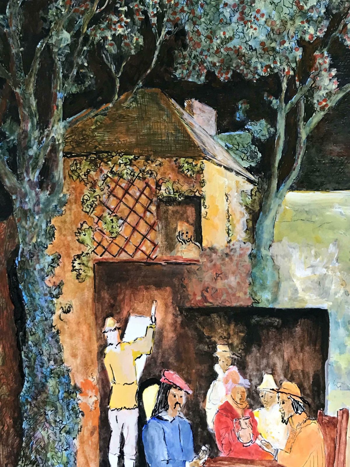 Bernard Labbe1950's Modernist/ Cubist Painting   Figures In The Forest Watercolour 1950's photo Art