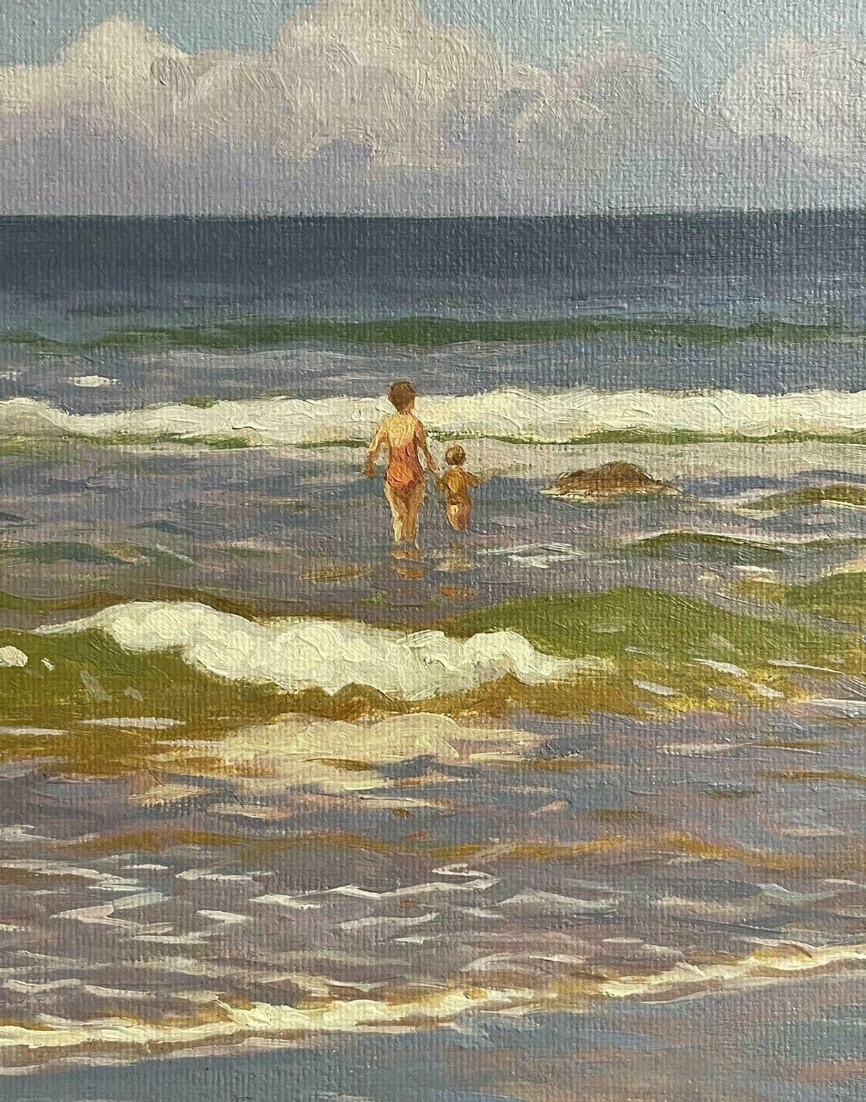 M. Clarkfine Modern British Signed Oil Painting   Children Playing In Surf On Beachcontemporary photo Art