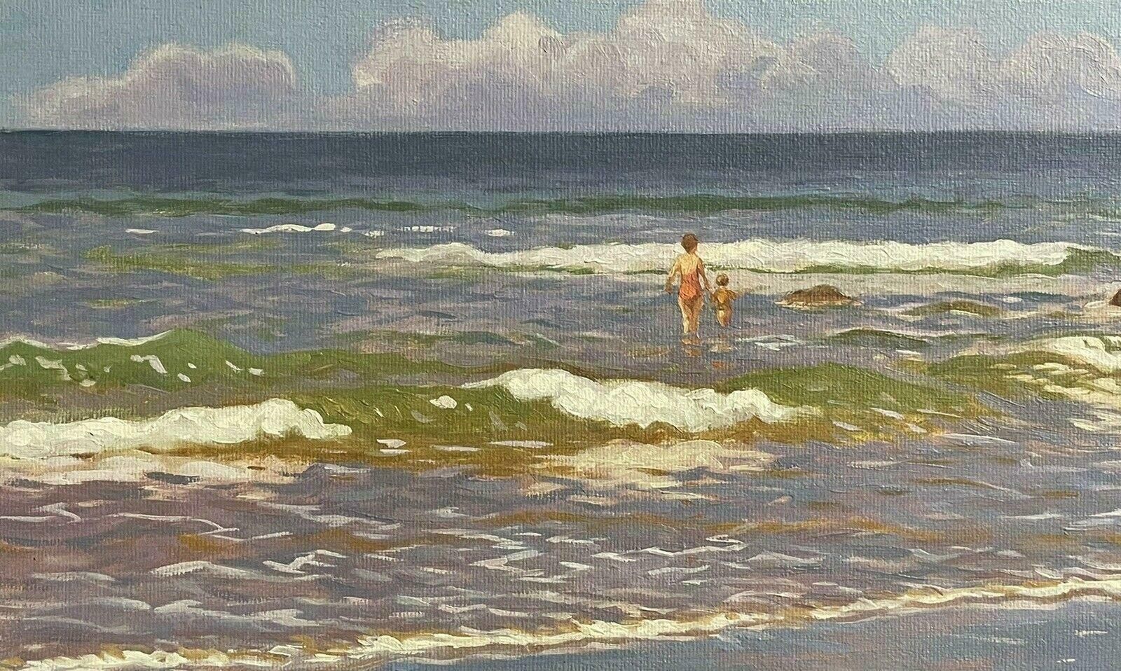 M. Clarkfine Modern British Signed Oil Painting   Children Playing In Surf On Beachcontemporary photo 2244.0