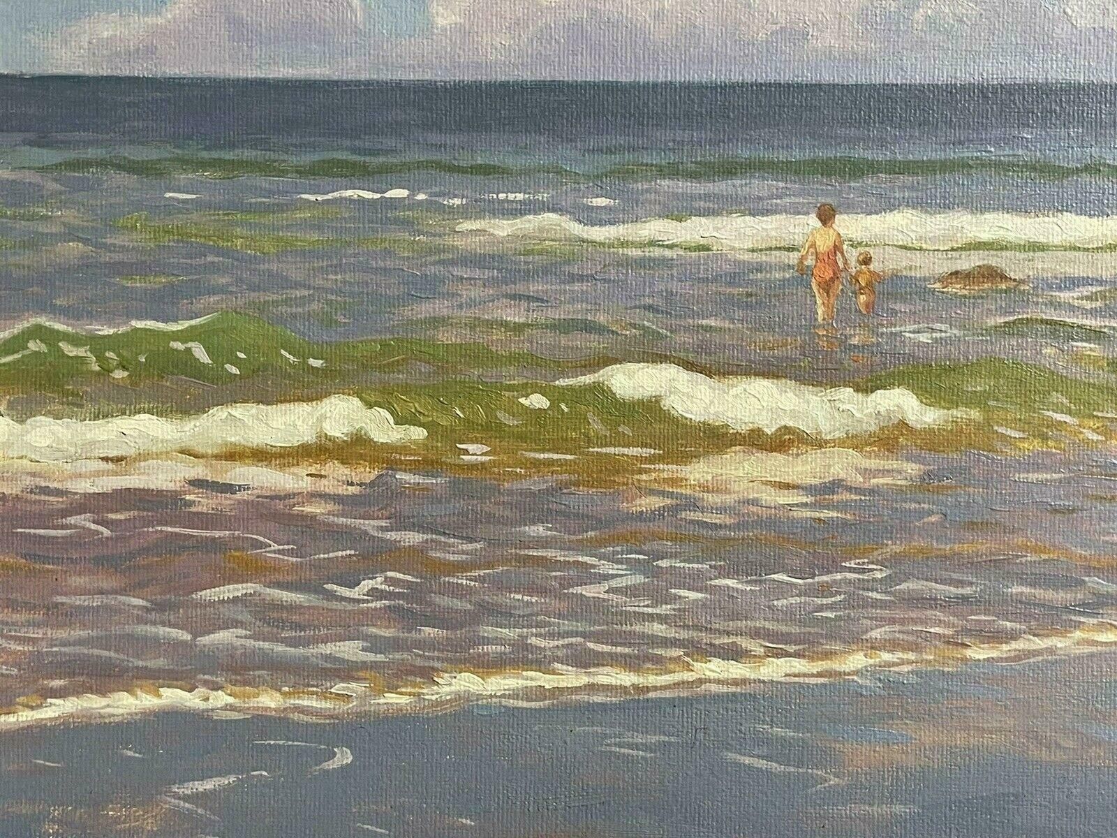 M. Clarkfine Modern British Signed Oil Painting   Children Playing In Surf On Beachcontemporary photo vinterior