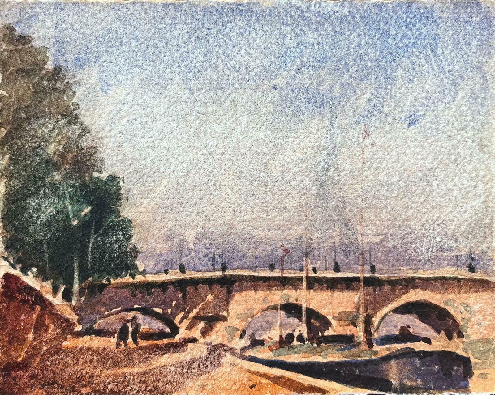 Maurice Mazeiliefrench Impressionist Watercolor Of Pont Neuf The Seine River And Eiffel Tower20th Century