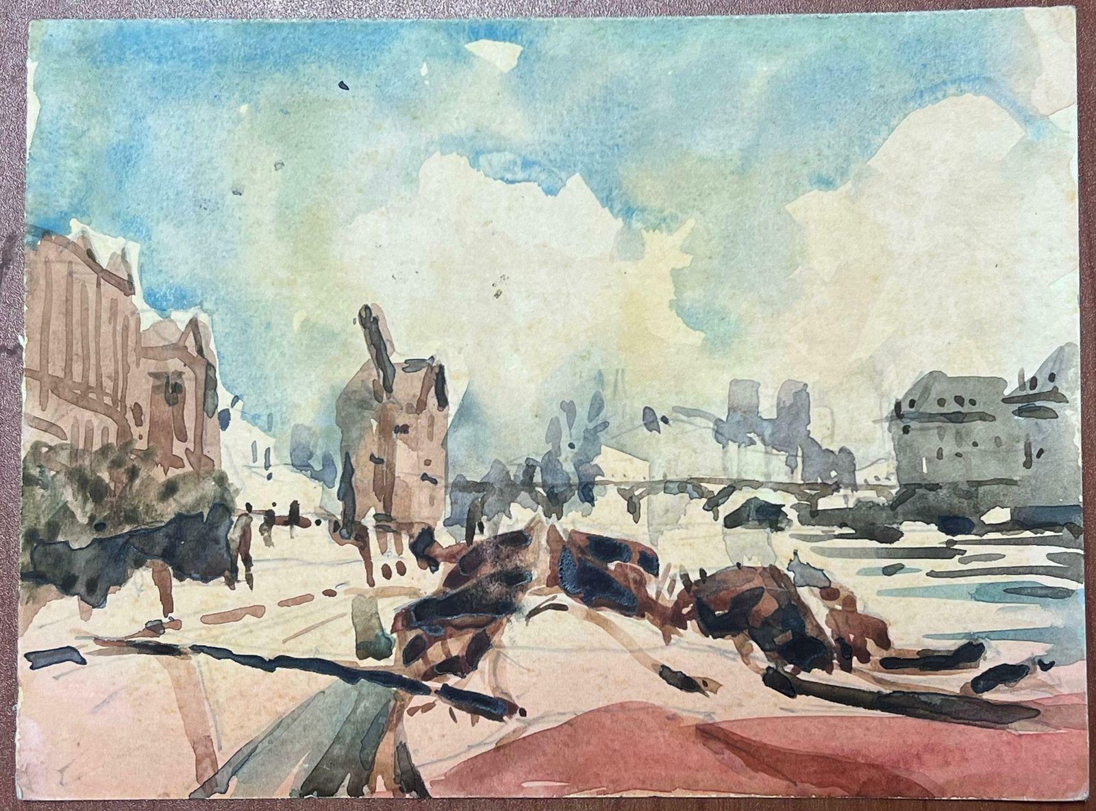 Maurice Mazeiliefrench Impressionist Watercolour Landscape Paris Boats On The River Seine photo furniture