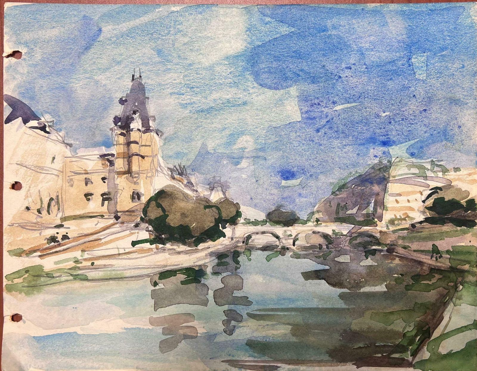 Maurice Mazeiliefrench Impressionist Watercolour Landscape The River Seine Paris photo furniture