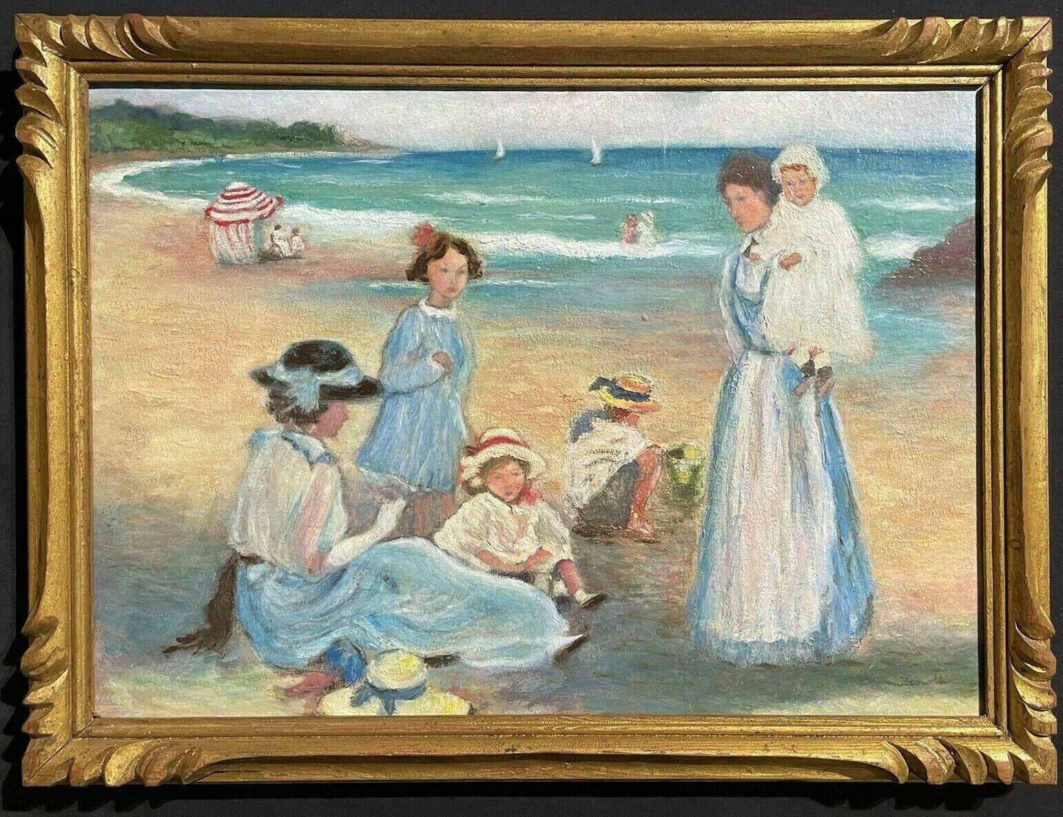 Unknownfine French Signed Oil   Elegant Family Enjoying Day On The Beach   Gilt Framedc. 1950's