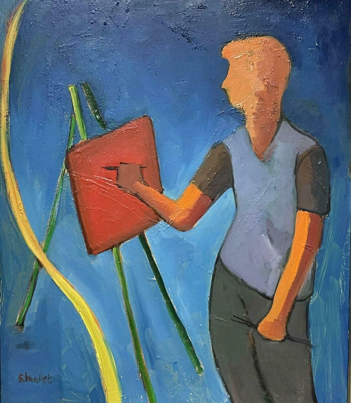 Serge Mallettfrench Modernist Signed Oil   Artist At Their Easel Painting   Amazing Colours20th Century