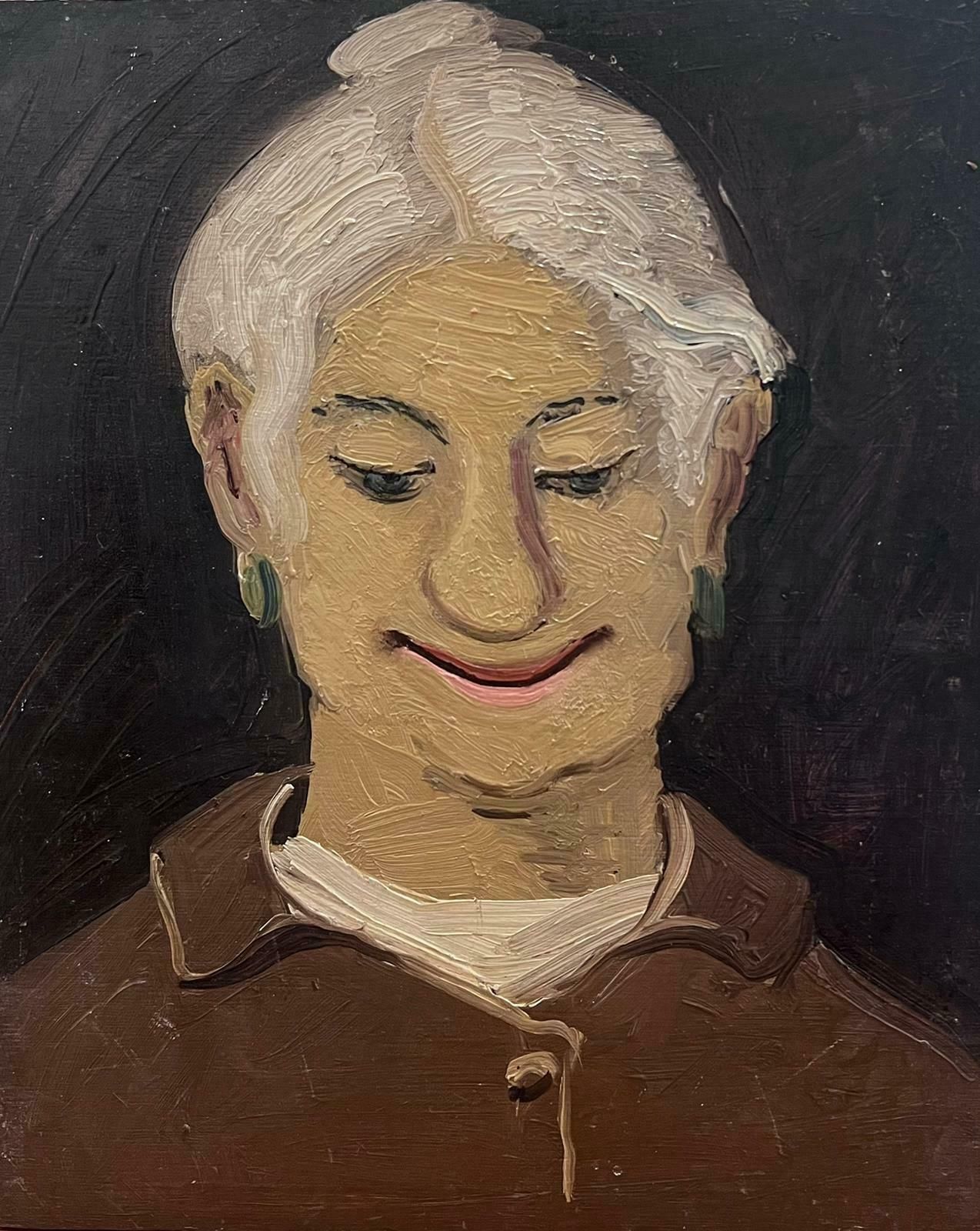 French School1960's French Modernist Oil Portrait Of Elderly Lady Smiling