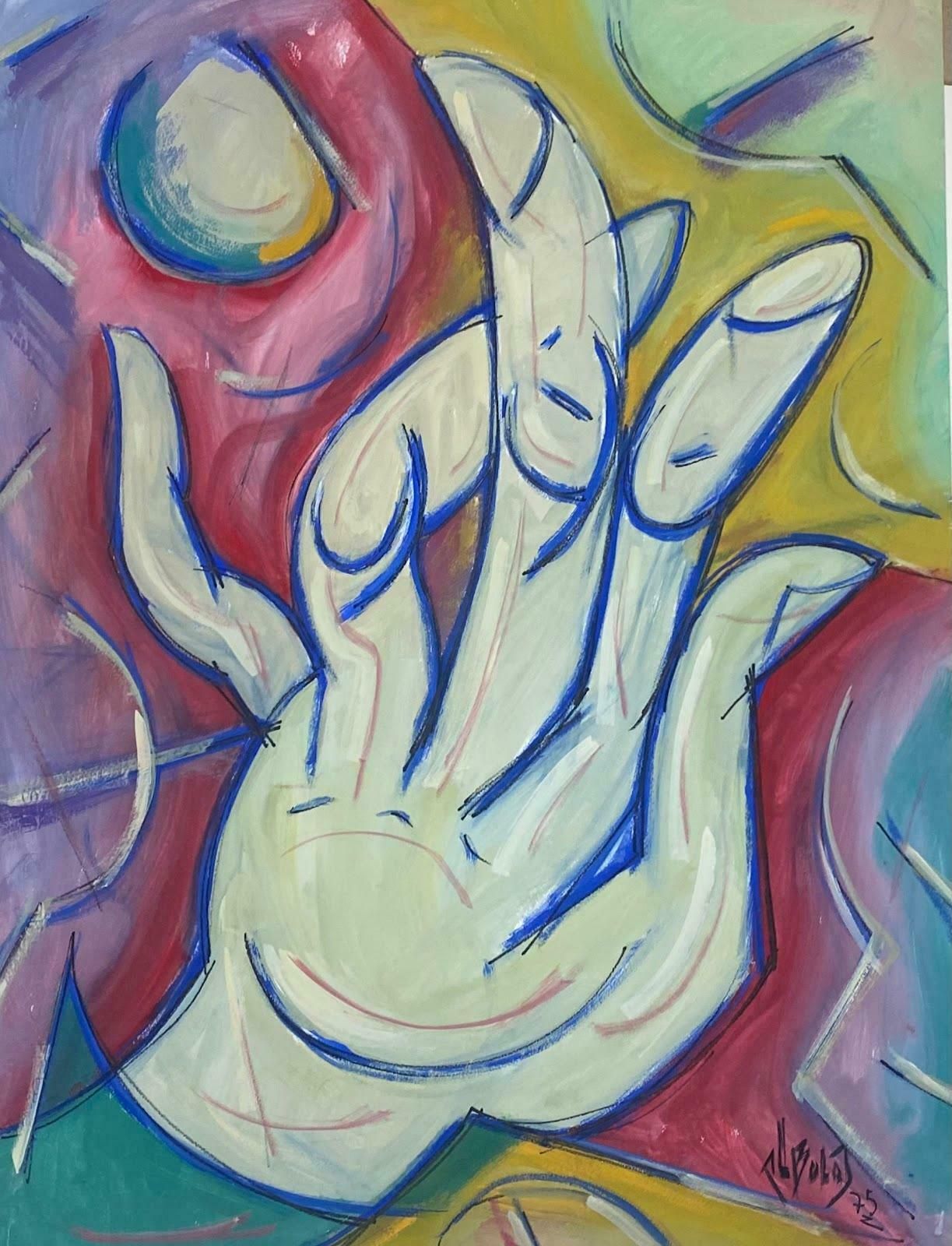 Unknown20th Century French Modernist Gouache Painting Blue Hand1975