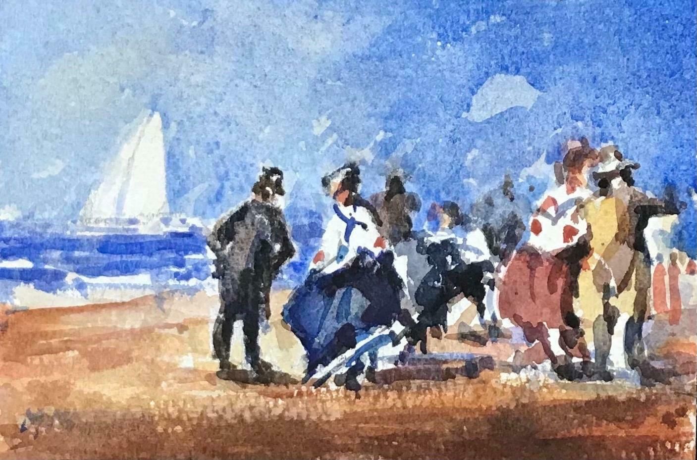 Maurice Mazeiliemaurice Mazeilie French Impressionist Watercolour   Sailors Meet At The Beach