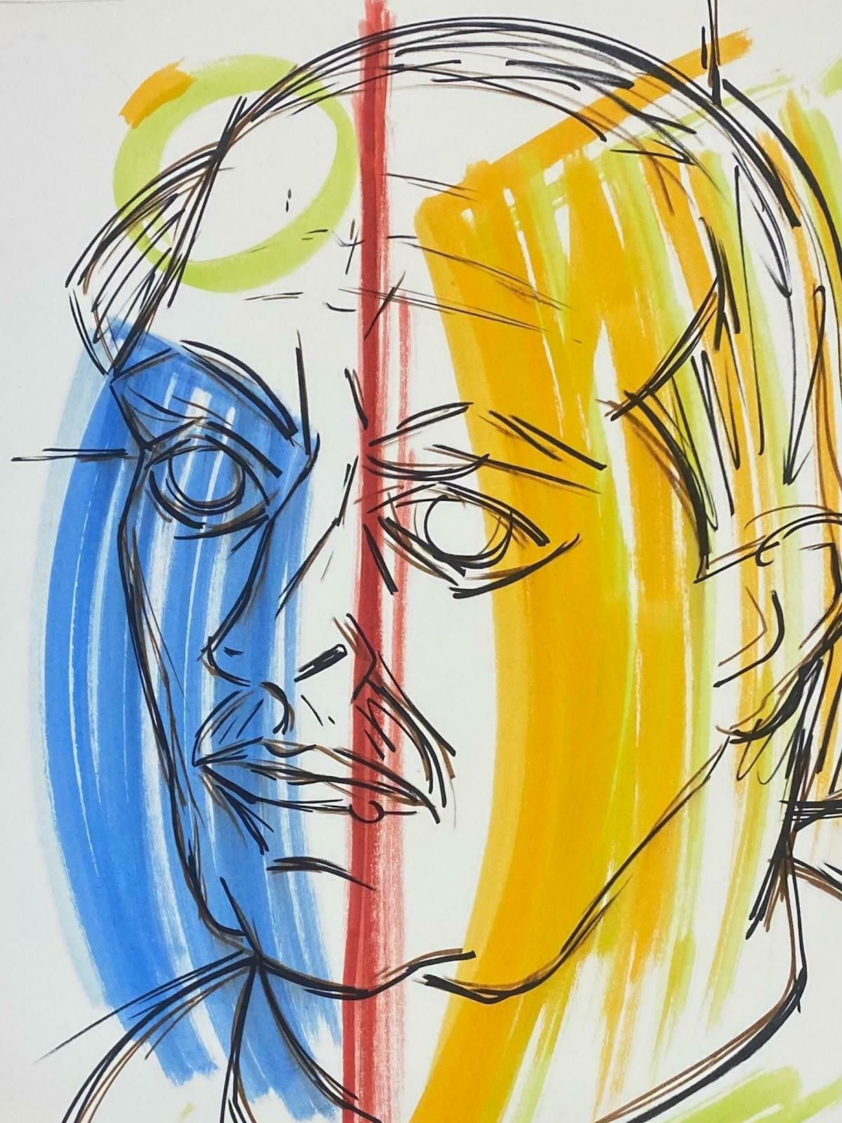 Unknown French Modernist Gouache Painting Orange And Blue Portrait Of Man Drawing1970 photo furniture