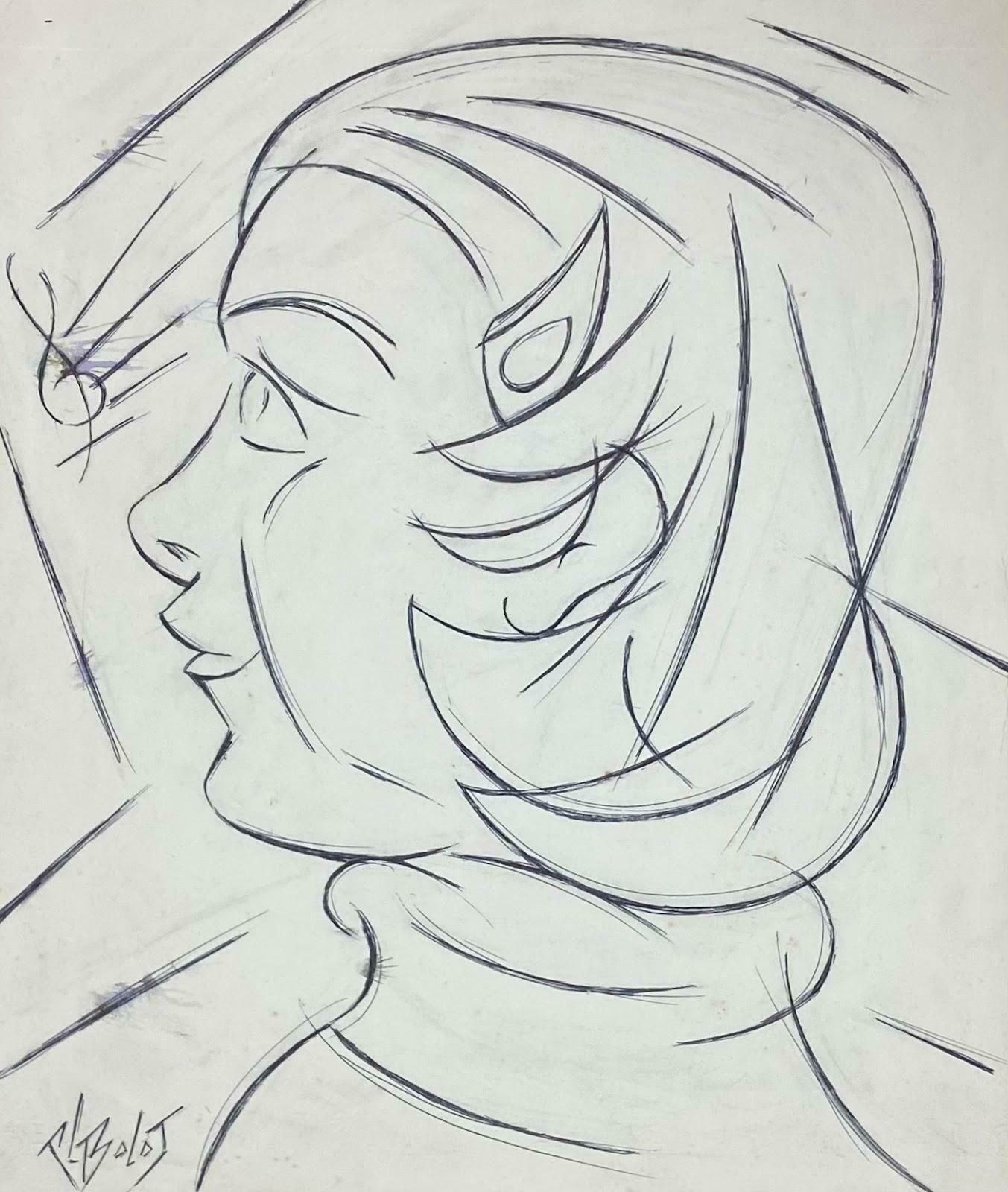 Unknown20th Century French Modernist Biro Drawing Girl Enchanted By Music Note1985