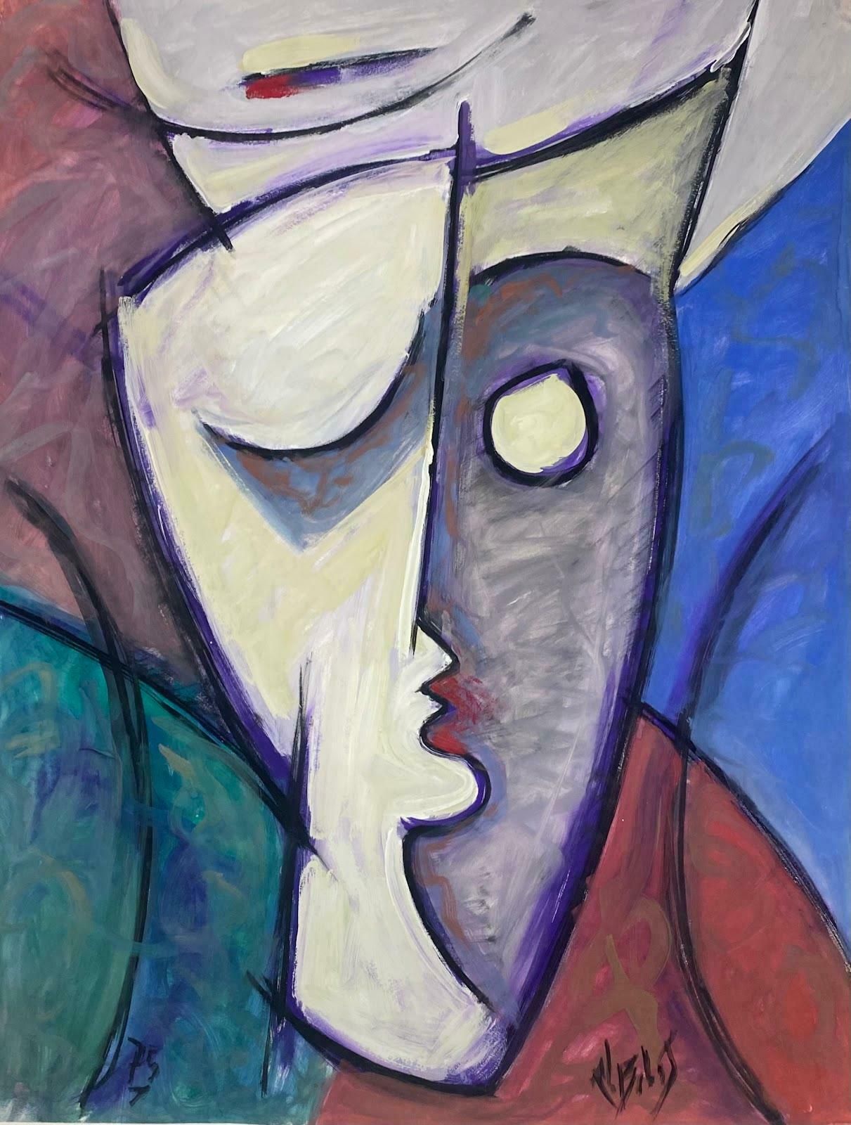 Unknown20th Century French Modernist Gouache Painting Black And White Distorted Faces 1971