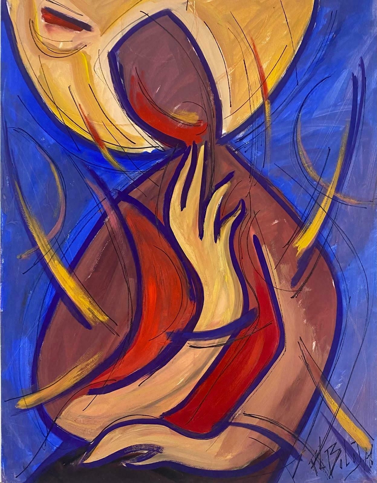 Unknown20th Century French Modernist Gouache Painting Distorted Figure With Yellow Hand1970