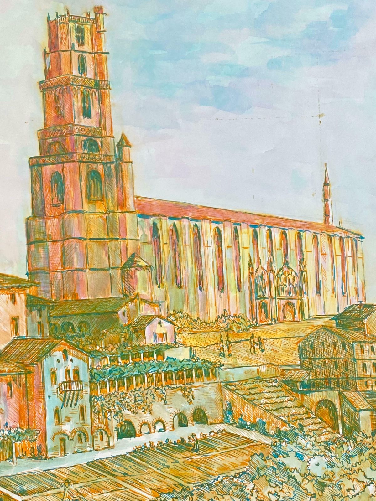 Bernard Labbe1950's Modernist/ Cubist Painting  Orange & Pink French Cathedral Landscape1950's photo furniture