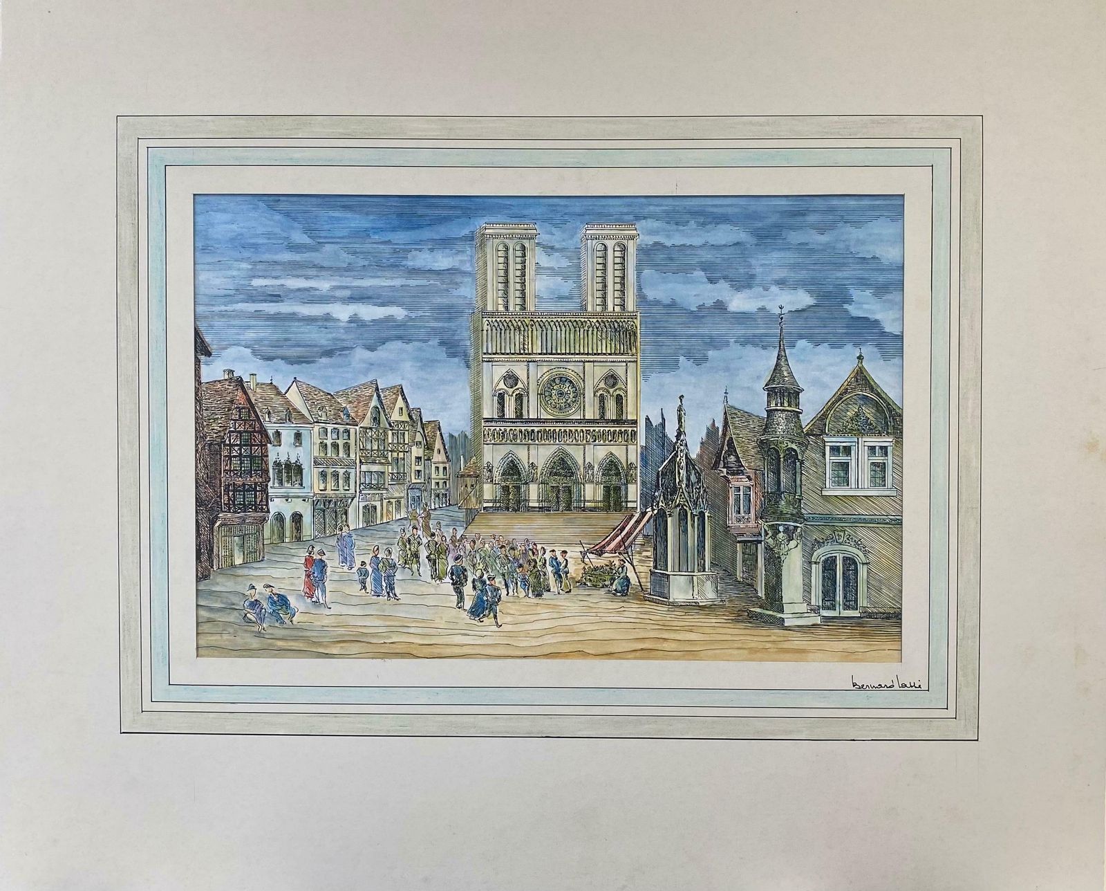 Bernard Labbe1950's French Modernist/ Cubist Painting   Detailed French Town Square1950's