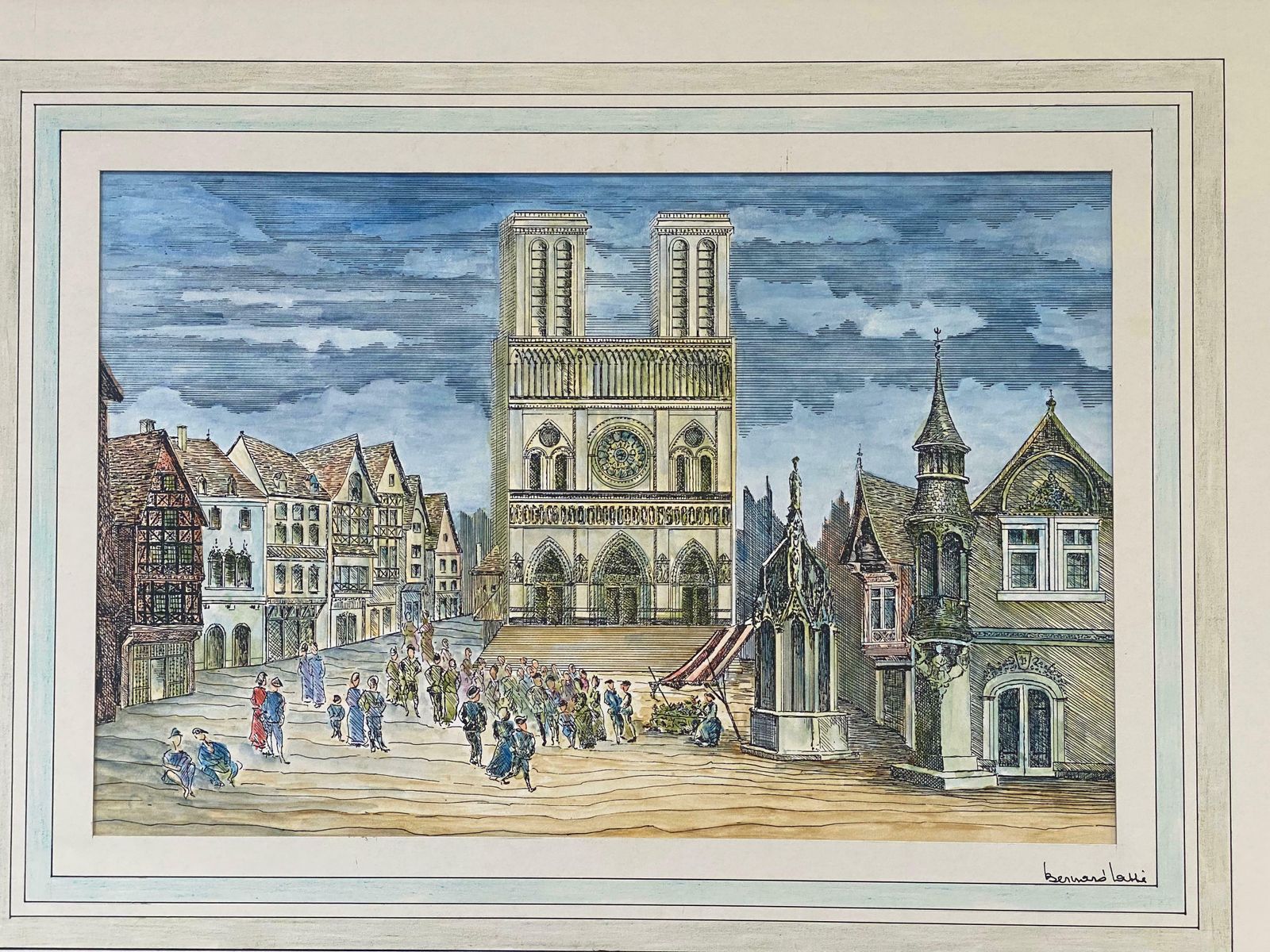 Bernard Labbe1950's French Modernist/ Cubist Painting   Detailed French Town Square1950's photo furniture