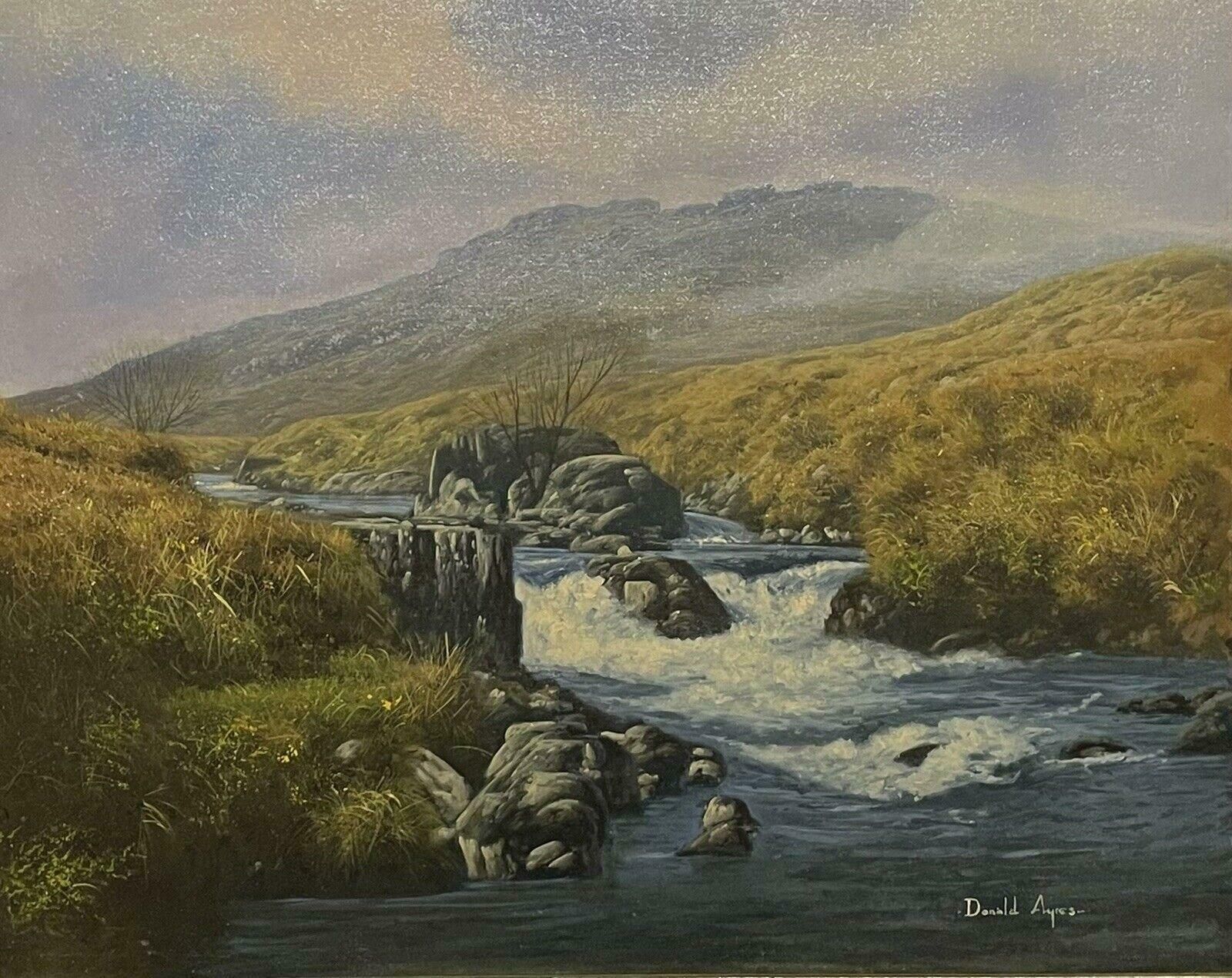 Donald Ayresscottish Highland River In The Mountains, Signed Original British Oil Painting