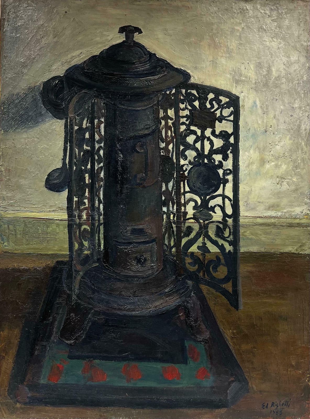 édouard Righetti (1924 2001)1960s French Interior Still Life   The Kitchen Stove Fire Warmer   Superb Work1960's
