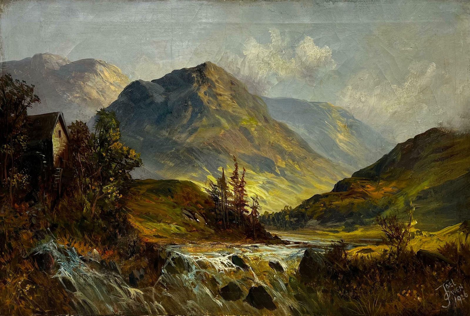 F. E. Jamiesonantique Scottish Highlands Landscape Signed Oil Painting River Through Glenc. 1920's