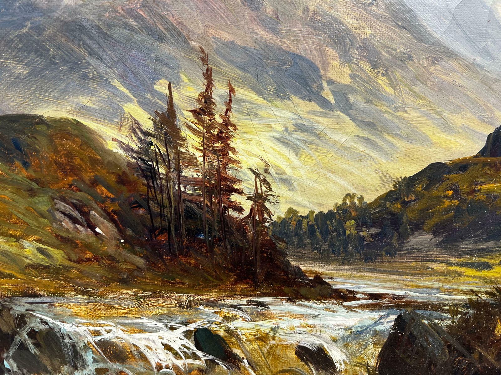 F. E. Jamiesonantique Scottish Highlands Landscape Signed Oil Painting River Through Glenc. 1920's photo 1479.0