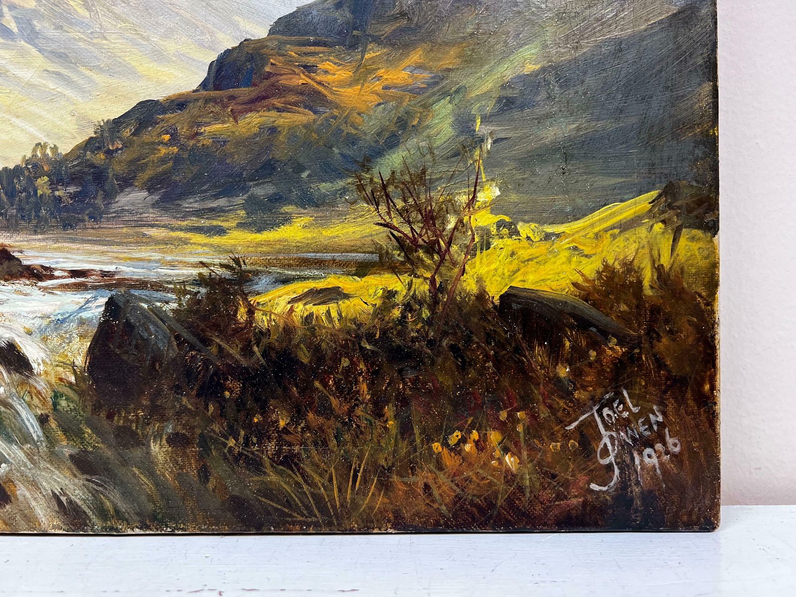 F. E. Jamiesonantique Scottish Highlands Landscape Signed Oil Painting River Through Glenc. 1920's photo vintage