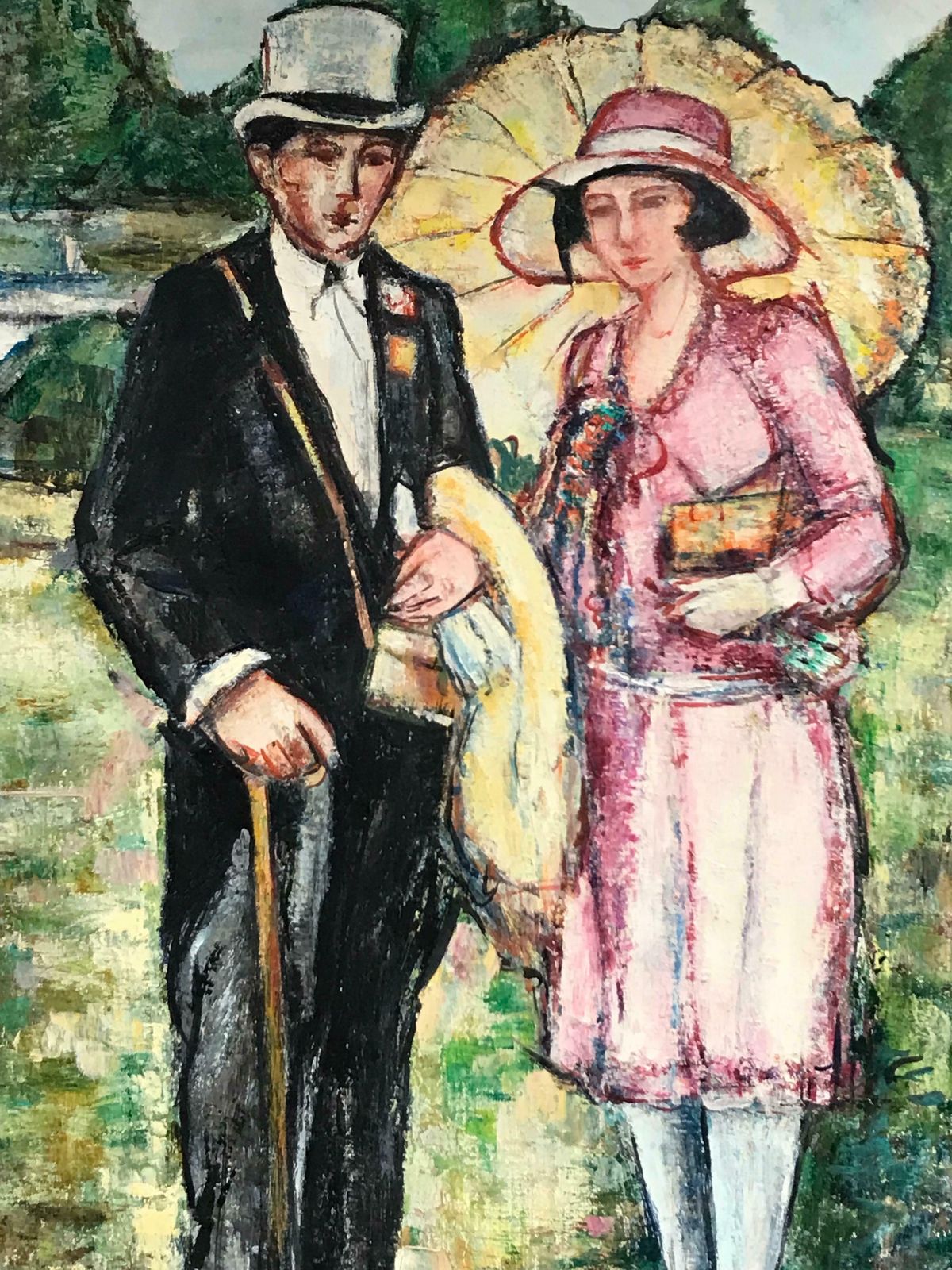 Maria Tort Xirauelegant Smartly Dressed Couple Riverside Gardens, Signed Original Oil Paintingc. 1991 photo for sale