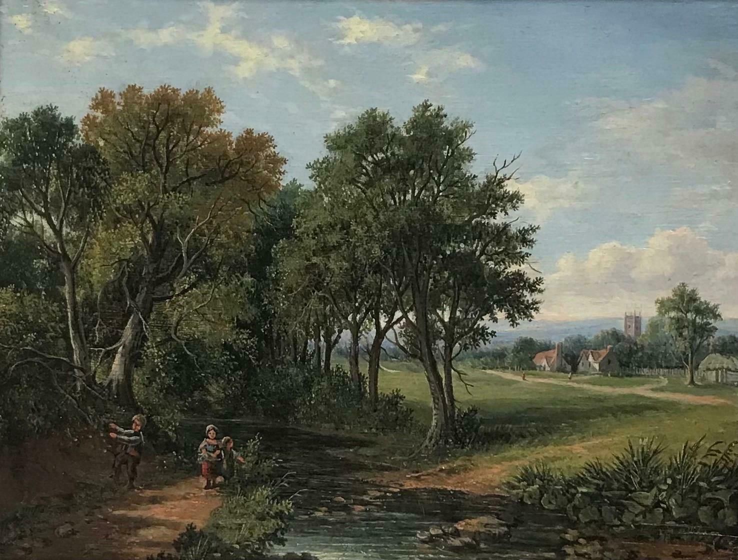 Victorian Britishfine Early Victorian Oil Painting Children Playing By Stream Village Landscape