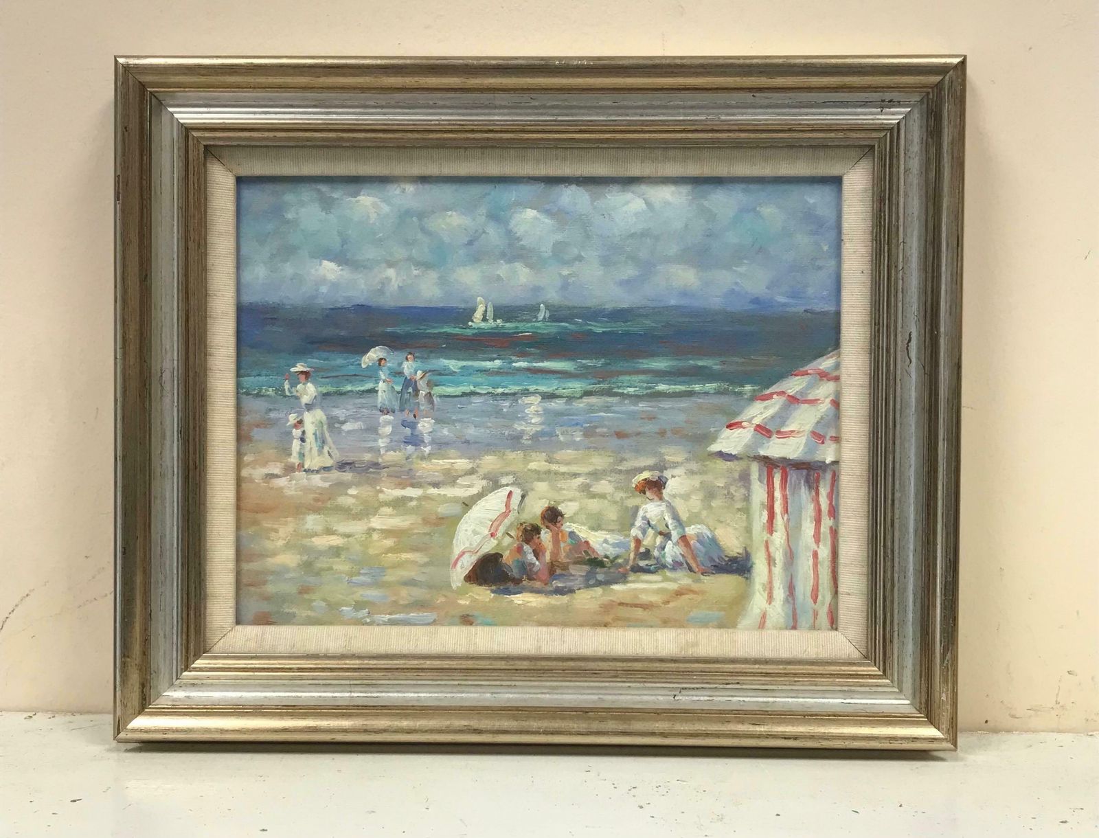 French Schoolfrench Impressionist Oil Elegant Figures On Beach Parasols & Tents photo furniture