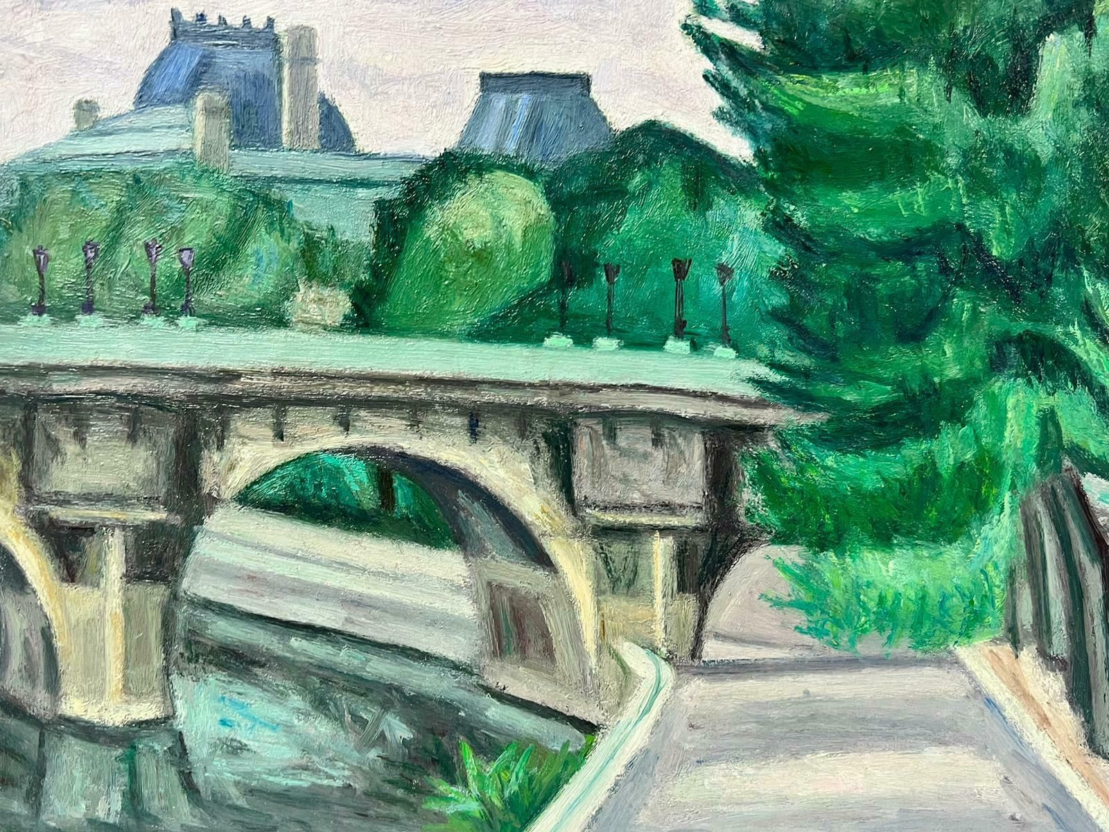 French Schoolthe River Seine Paris Old Stone Bridge With Trees 1970's French Oil Painting photo 357.0