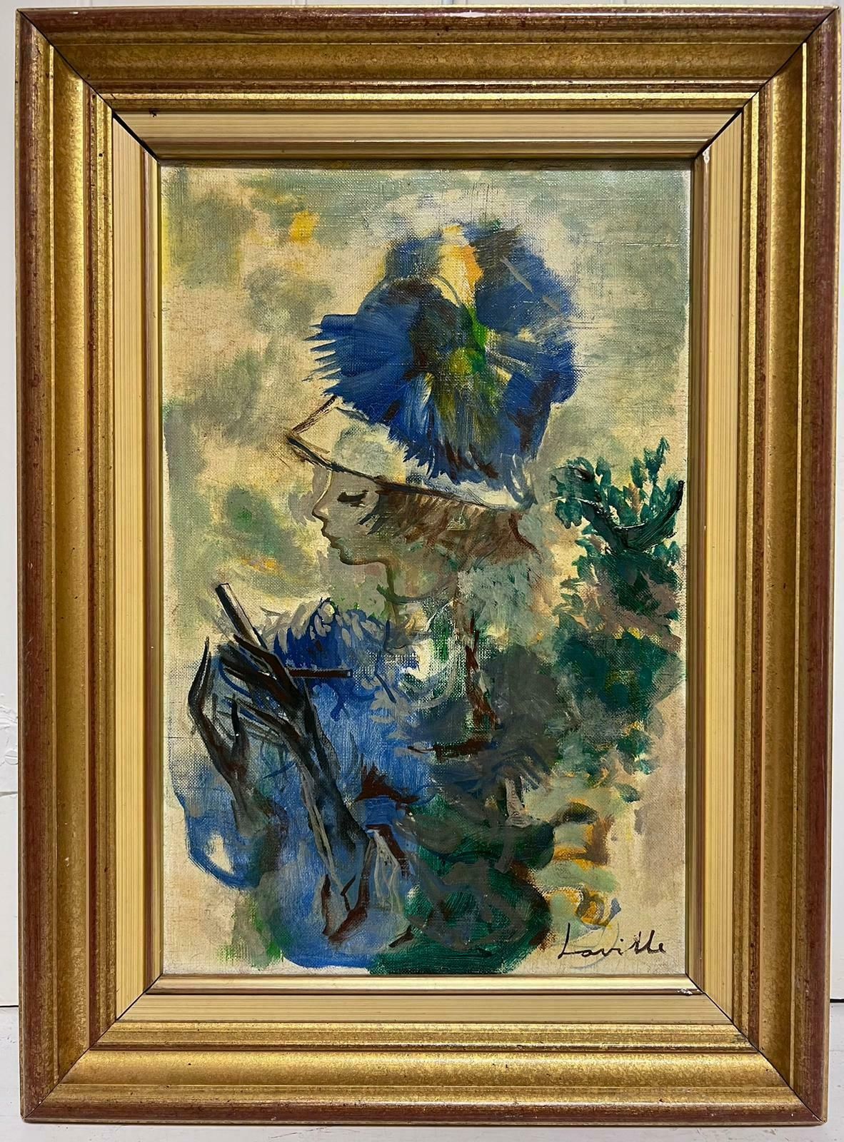 French School1960's French Signed Oil Portrait Of Young Lady In Blue Hat Modernist Style
