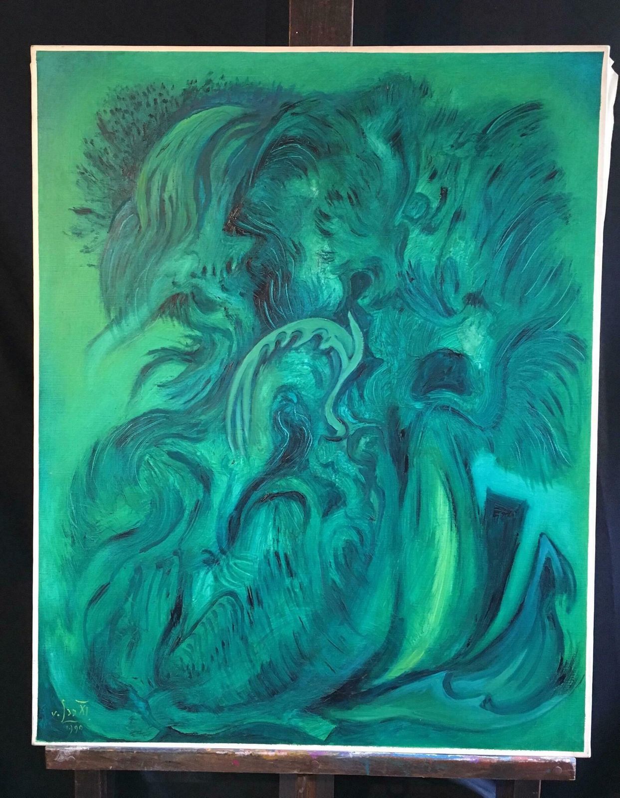 Gustave Von Looexpressive Abstract, Green Colour, Original Oil Painting, Signed1990 photo for sale