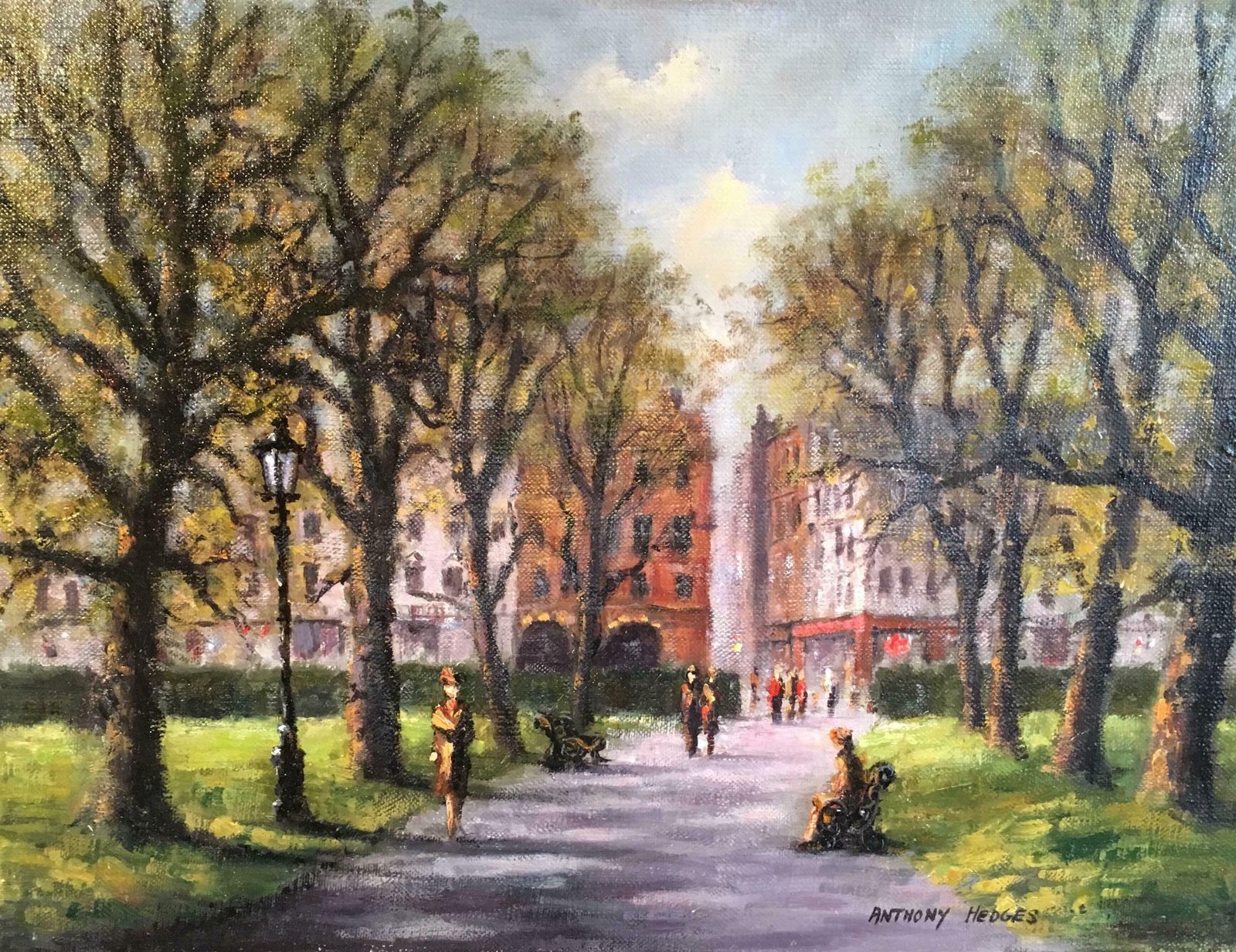 Anthony Hedgespark Walk, Impressionist City Scene, Signed Oil Paintingc.1950