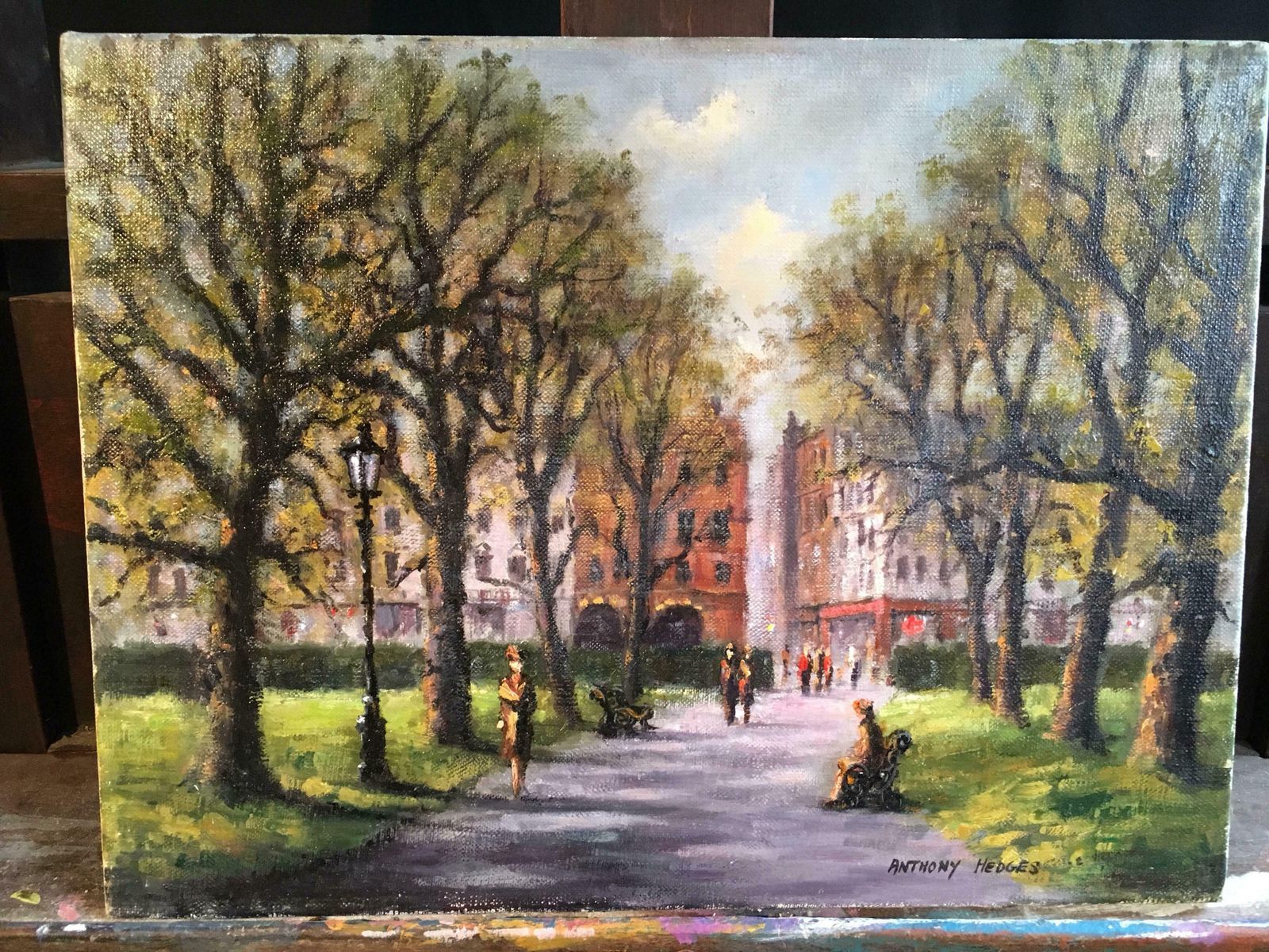 Anthony Hedgespark Walk, Impressionist City Scene, Signed Oil Paintingc.1950 photo furniture