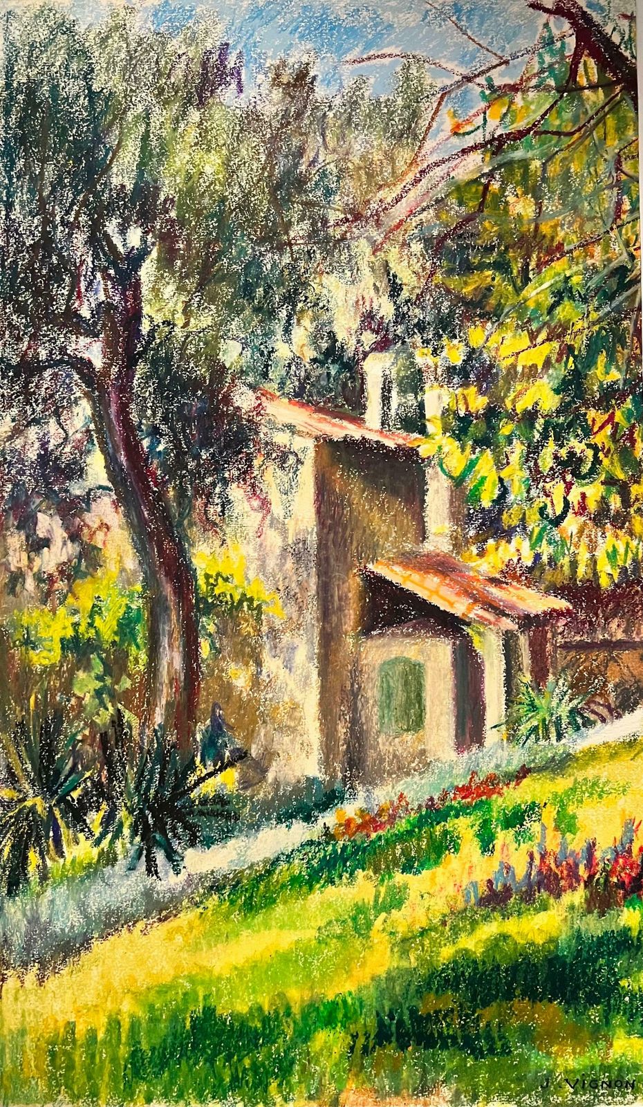 Josine Vignonfrench Impressionist Pastel Painting Sunlit Chateau Along The Path Landscape1960's