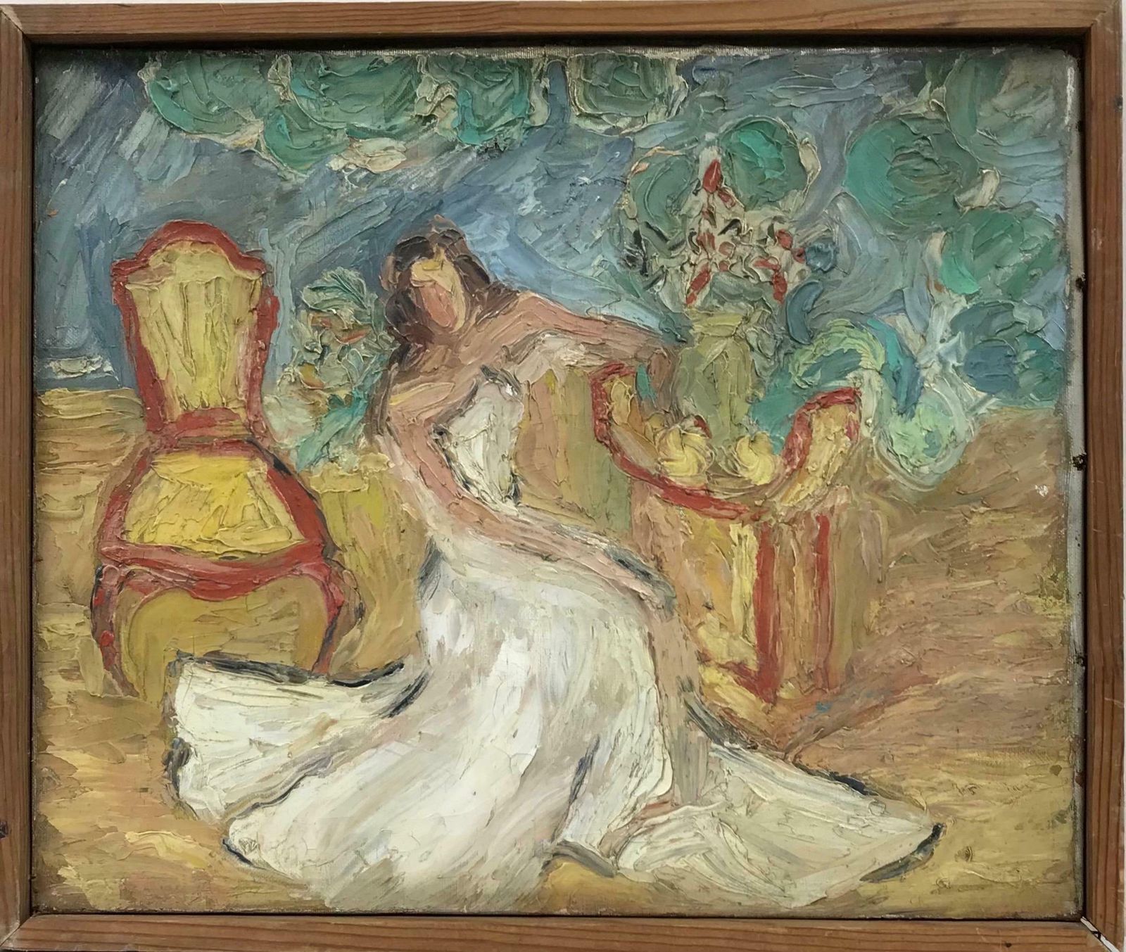 Early 20th Century Frenchstunning 1930s French Oil Lady In Wedding Dress In Interior, Very Thick Impasto photo furniture