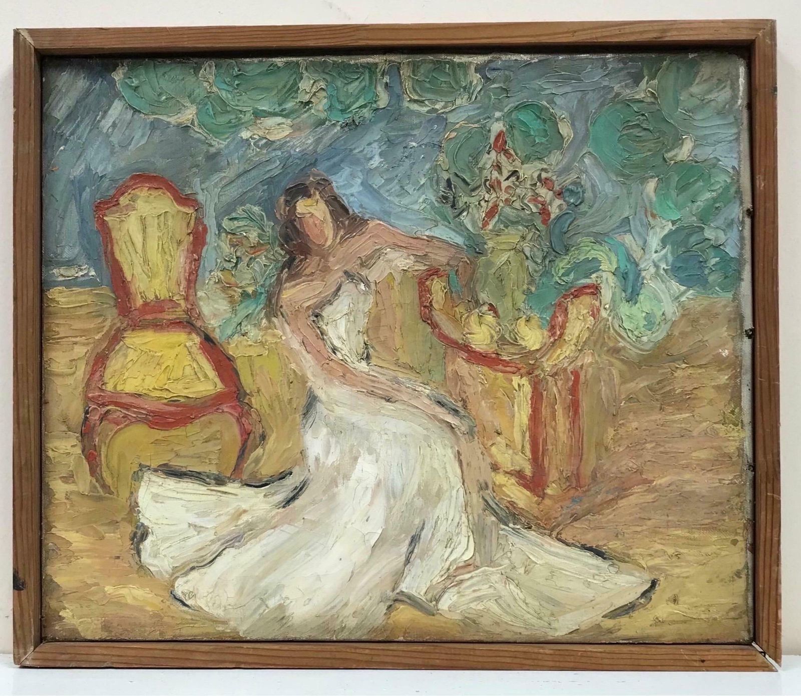 Early 20th Century Frenchstunning 1930s French Oil Lady In Wedding Dress In Interior, Very Thick Impasto photo for sale