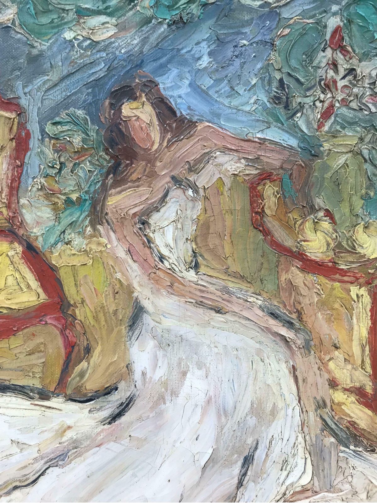 Early 20th Century Frenchstunning 1930s French Oil Lady In Wedding Dress In Interior, Very Thick Impasto photo vinterior